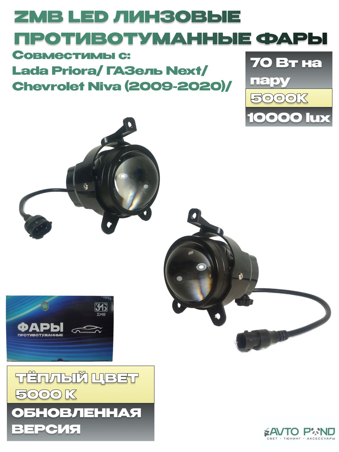 Линзовые Светодиодные LED ПТФ совместимые с Газель Некст, Лада Приора, Chevrolet Niva. Лед противотуманные фары совместимые с Gazelle Next, Lada Priora, Шевролет Нива