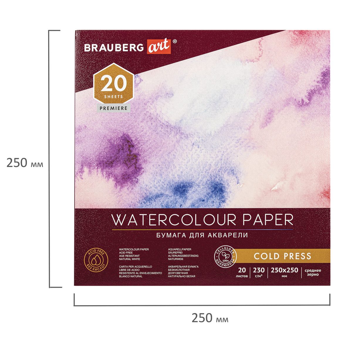 Альбом для акварели 250х250мм, 20л Brauberg Art Premiere (бумага 230 г/кв. м, среднее зерно) (113216), 5шт.