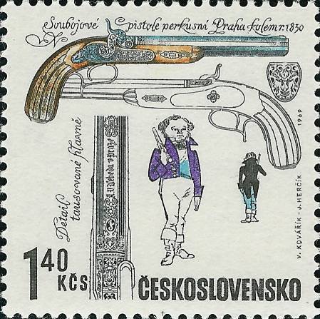 (1969-008) Марка Чехословакия "Дуэльные пистолеты" Историческое огнестрельное оружие III