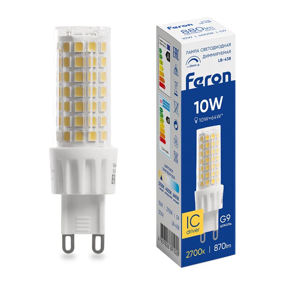 Лампа светодиодная диммируемая FERON 10W 230V G9 4000K JCD, LB-438 51742