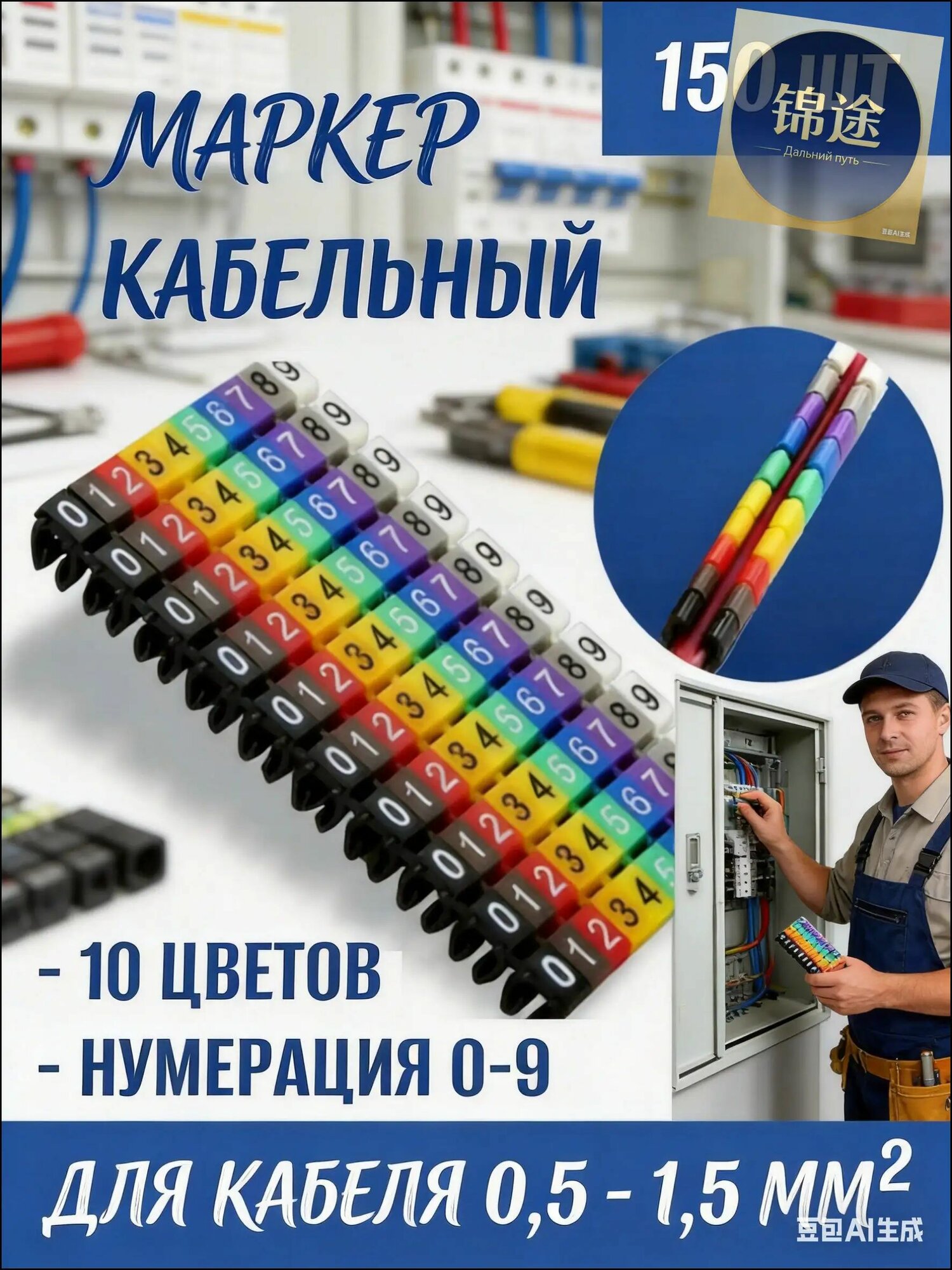 Маркировка кабеля, зажим с маркировкой от 0 до 9, кабель 1,5 мм, комплект из 150 предметов.