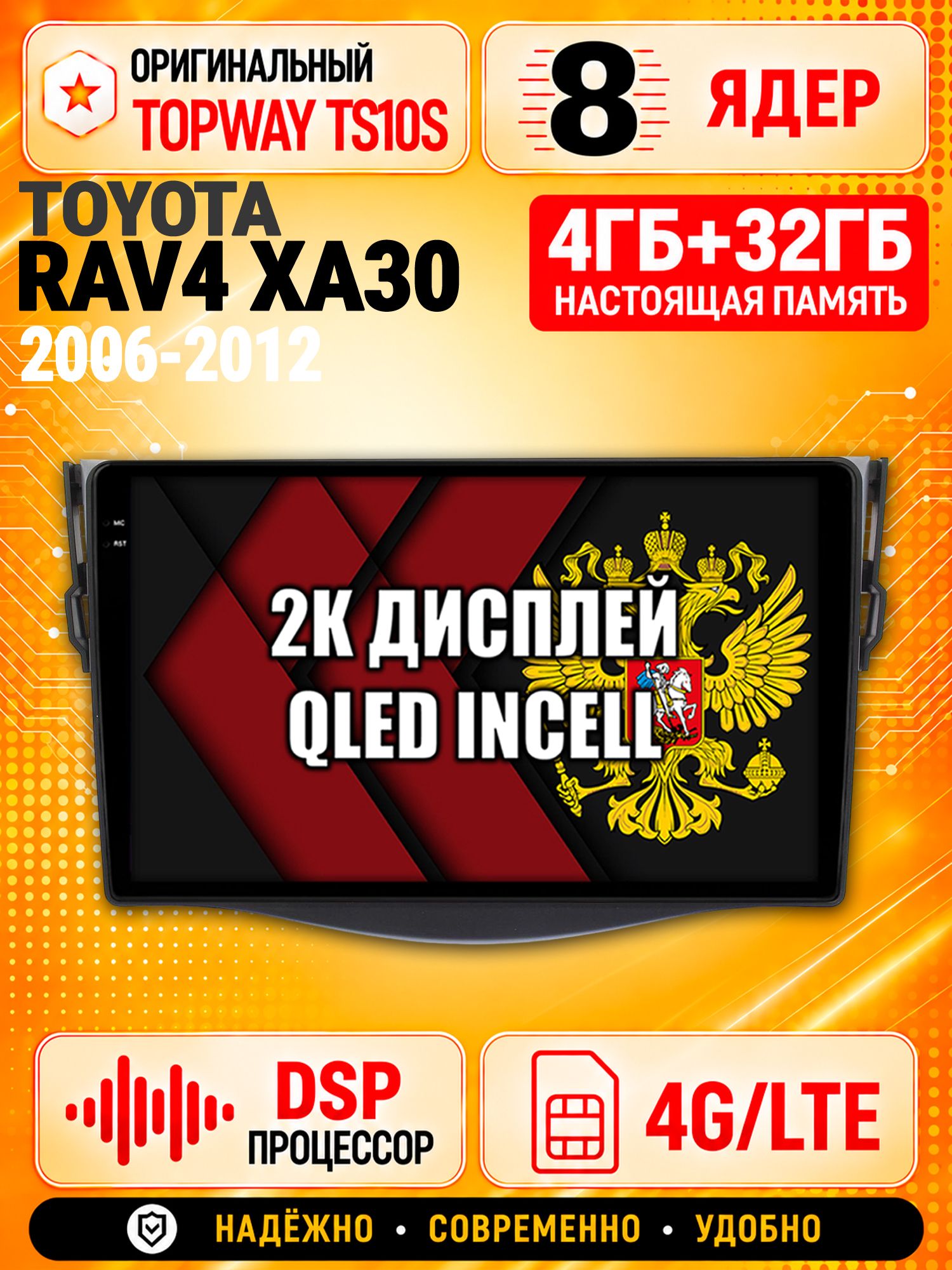8 ядер TS10S, память 4гб+32гб и экран 2К, для TOYOTA RAV4 XA30 (2006 2007 2008 2009 2010 2011 2012) RAV 4, Android магнитола с Carplay и 4G LTE