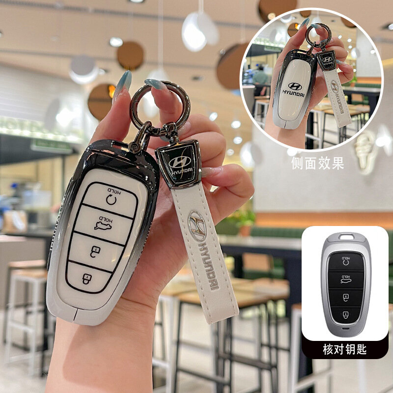 Ключевой чехол для Hyundai Tucson L, 4 клавиши с белой кожаной пряжкой, матовый белый защитный чехол