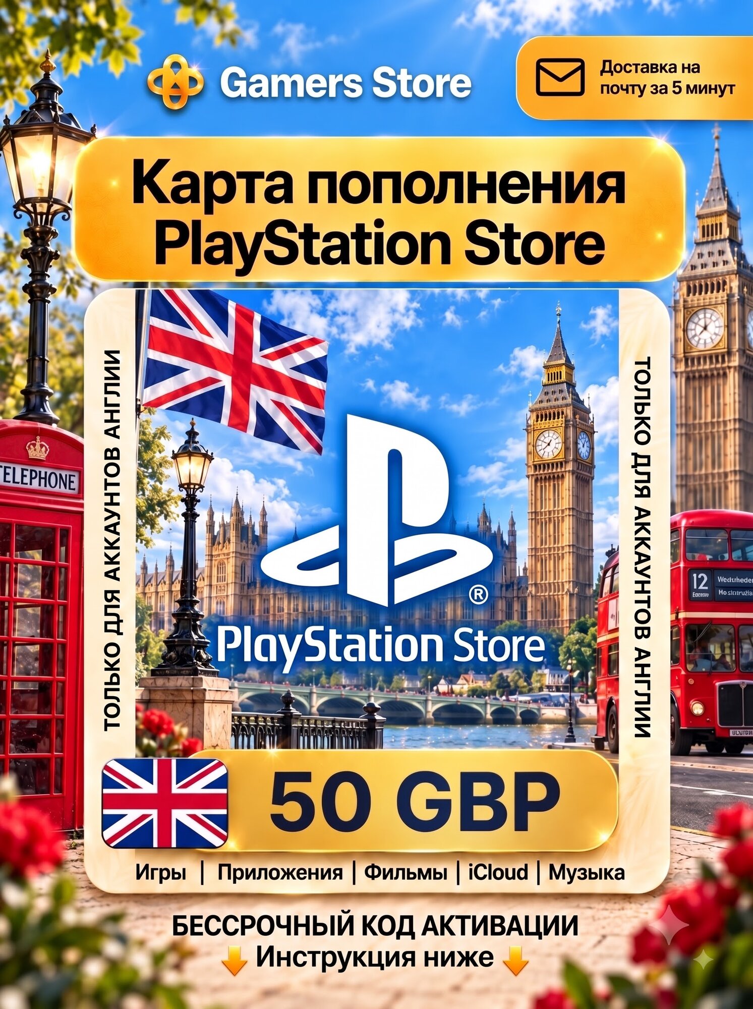 Карта пополнения PlayStation Store 50 GBP, для Великобритании, электронный ключ