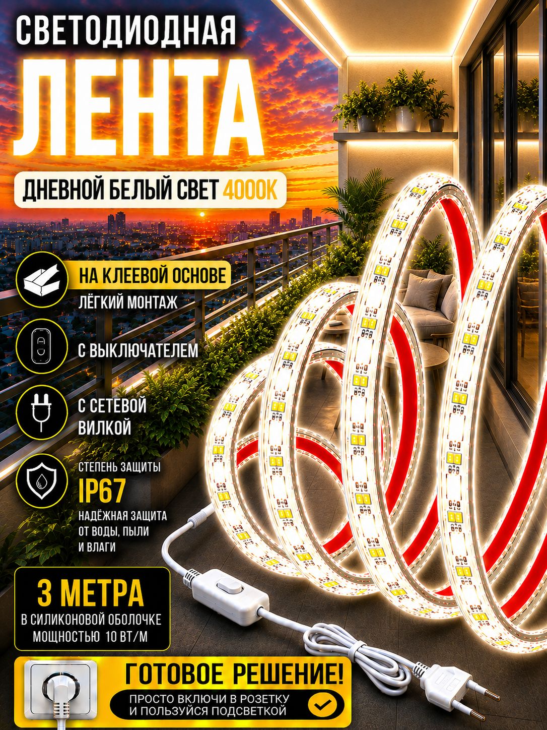 Светодиодная лента на клею, питание 220В, подсветка 3 метра, 360 светодиодов SMD2835, мощность 30Вт, дневной белый свет 4000К, влагостойкая, степень защиты IP67