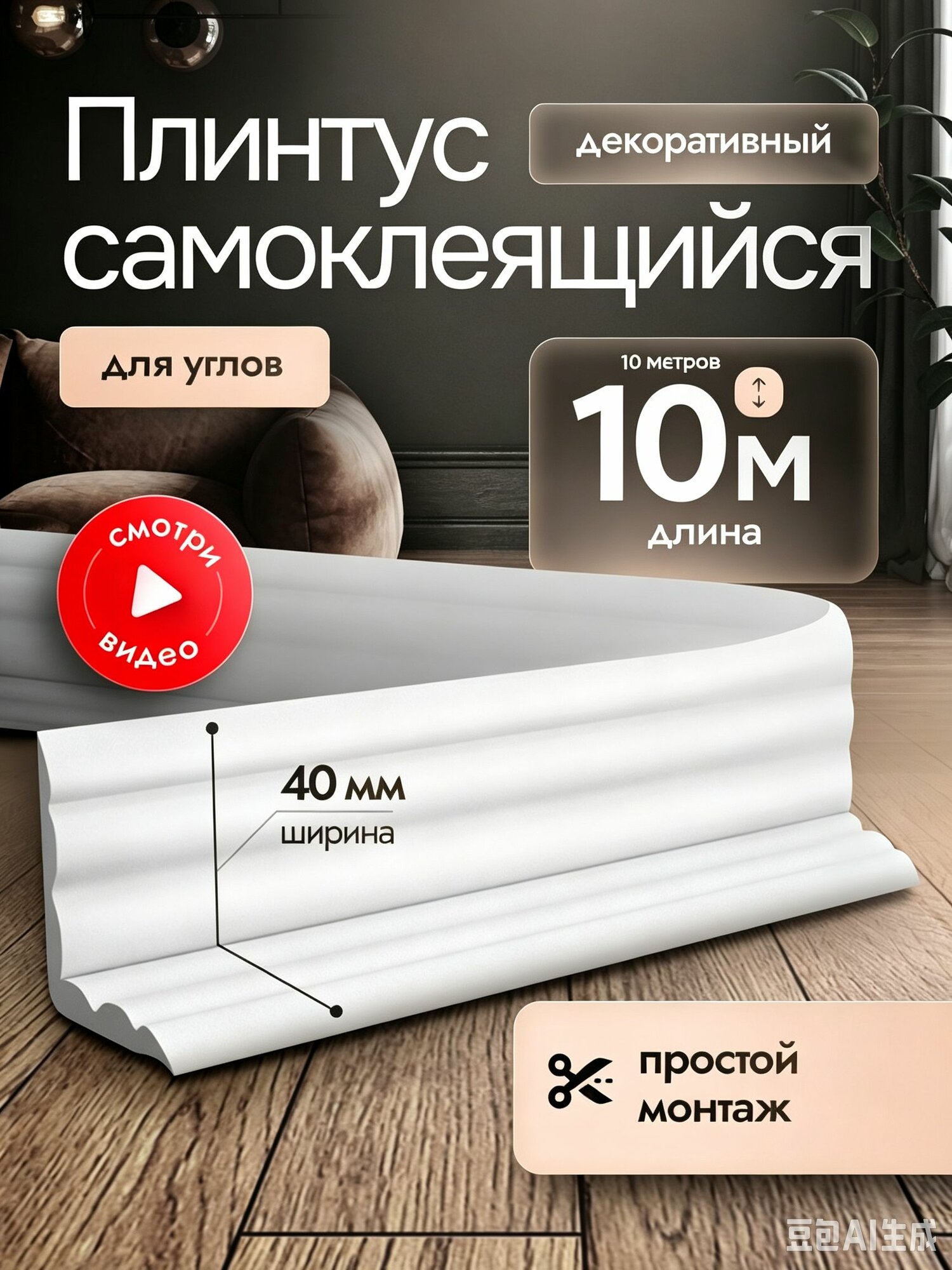Самоклеящийся потолочный плинтус интерьерный белый,10м. Декор молдинг для стен и кухни. Галтели для потолка ПВХ