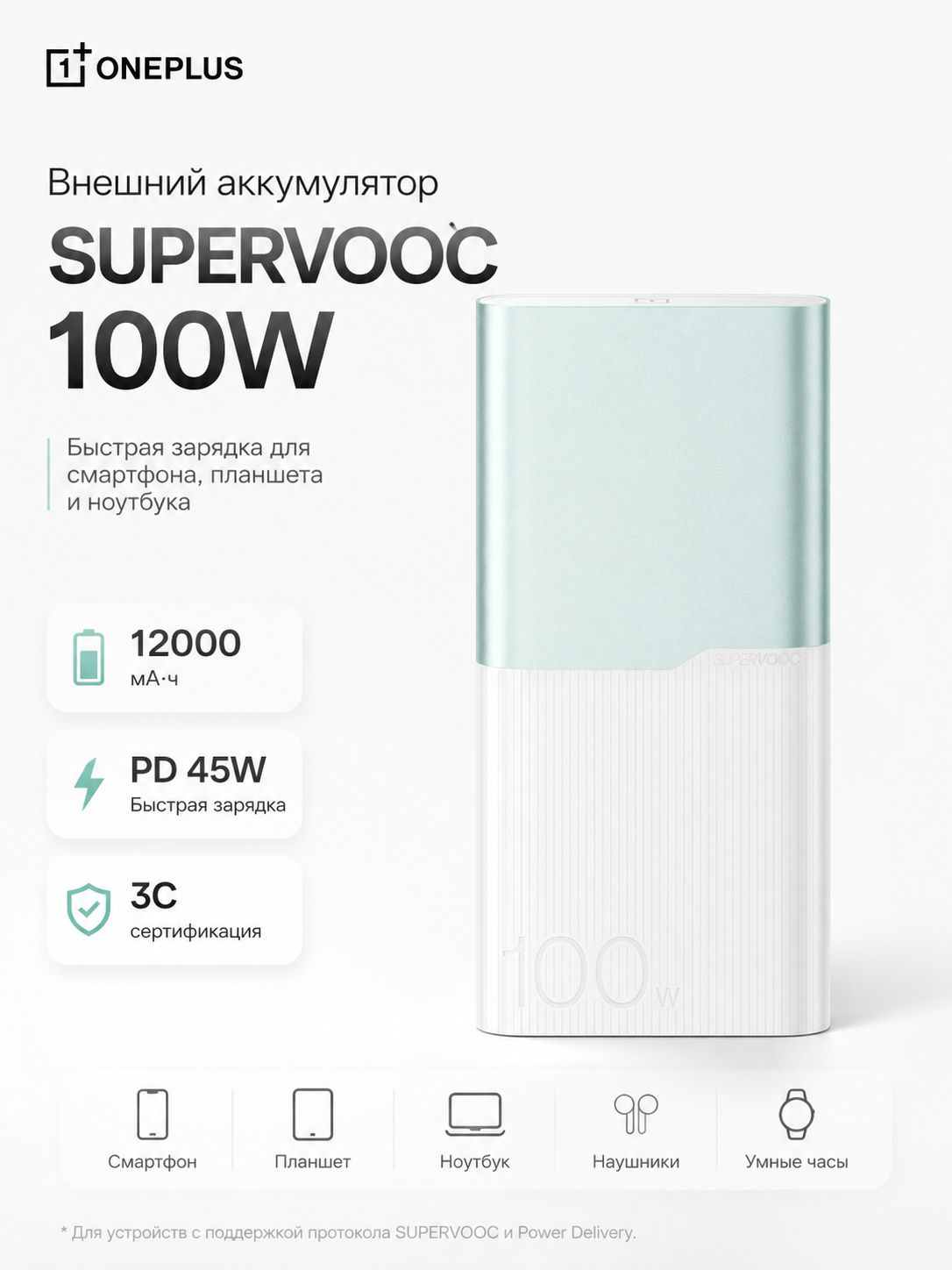 Внешний аккумулятор OnePlus SUPERVOOC 100W 12000 мАч, повербанк с быстрой зарядкой PD 45W для телефона, планшета, ноутбука, наушников и часов, 3C сертификация