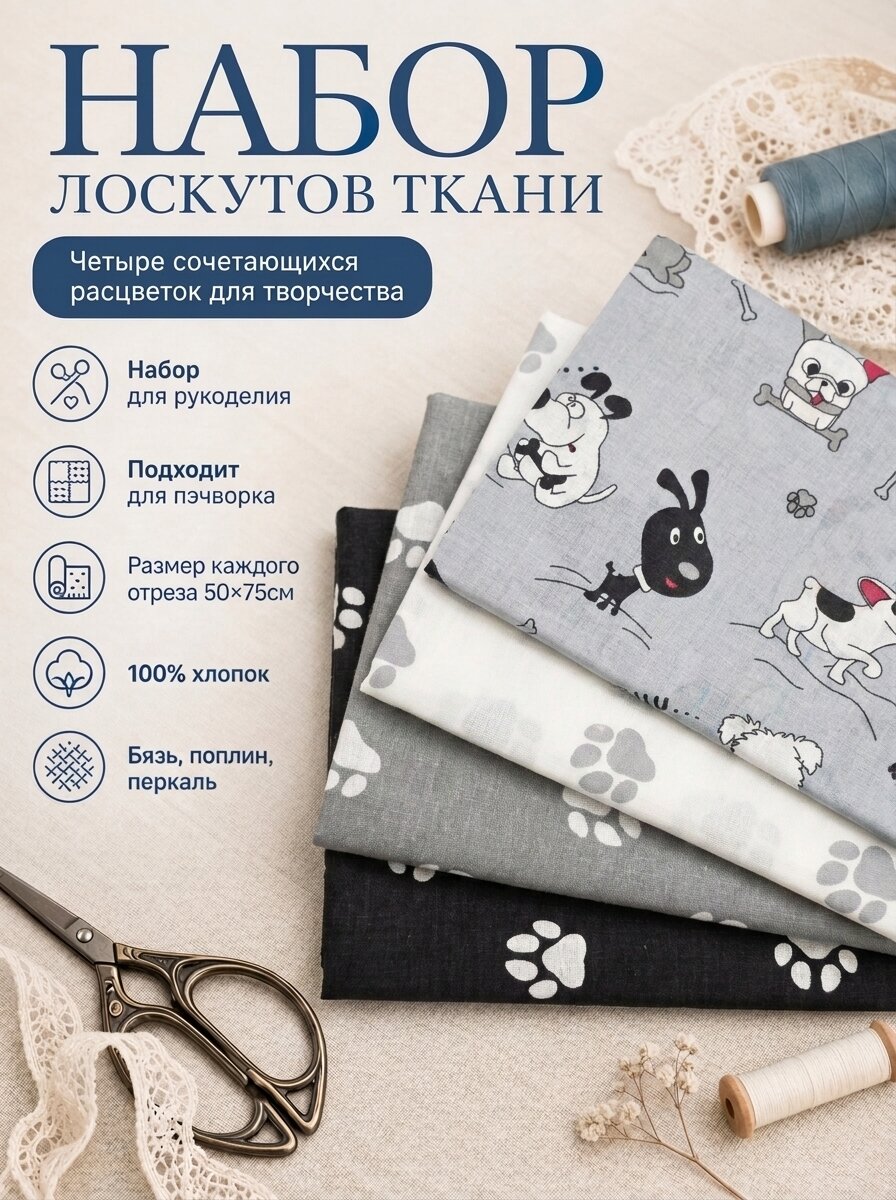 Набор тканей "Собачки с лапами" из 4 отрезов размером 50*75 см, 100% хлопок.