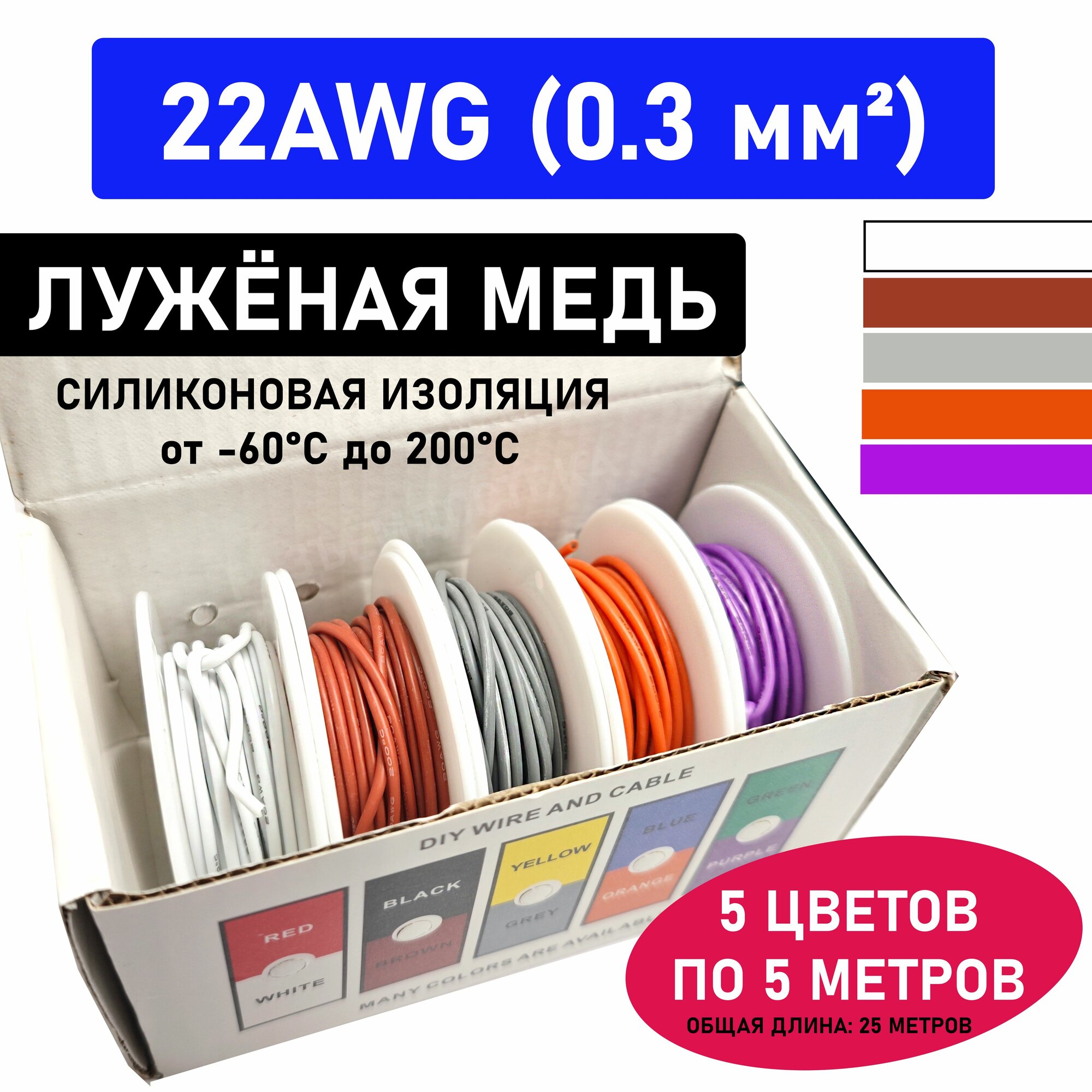 Провод многожильный 22AWG (0.3 мм2) в силиконовой изоляции. Луженая медь. 5 цветов по 5 метров.