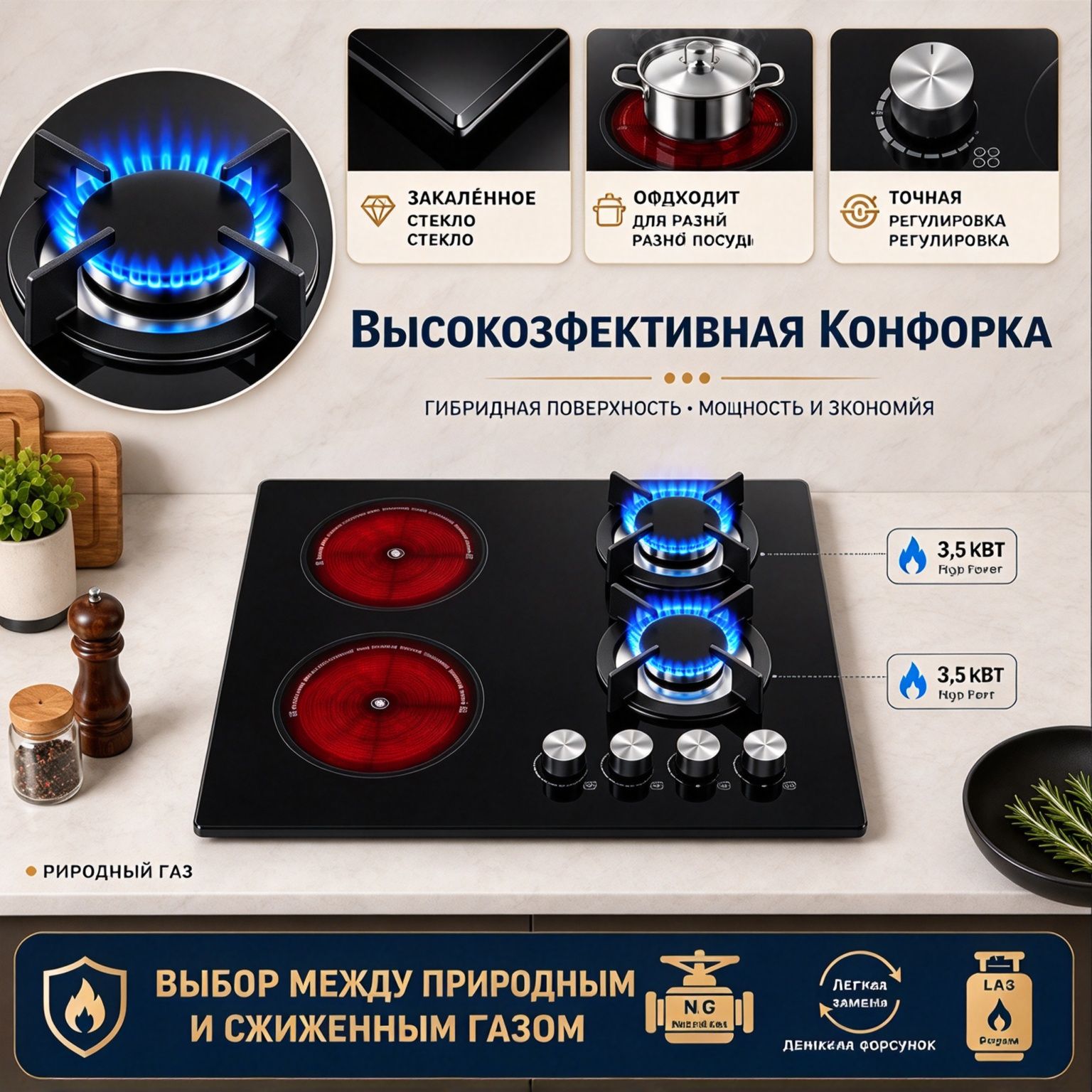 Встроенная гибридная варочная панель 2 газовых и 2 электрических конфорки, черная стеклокерамика, кухонная плита