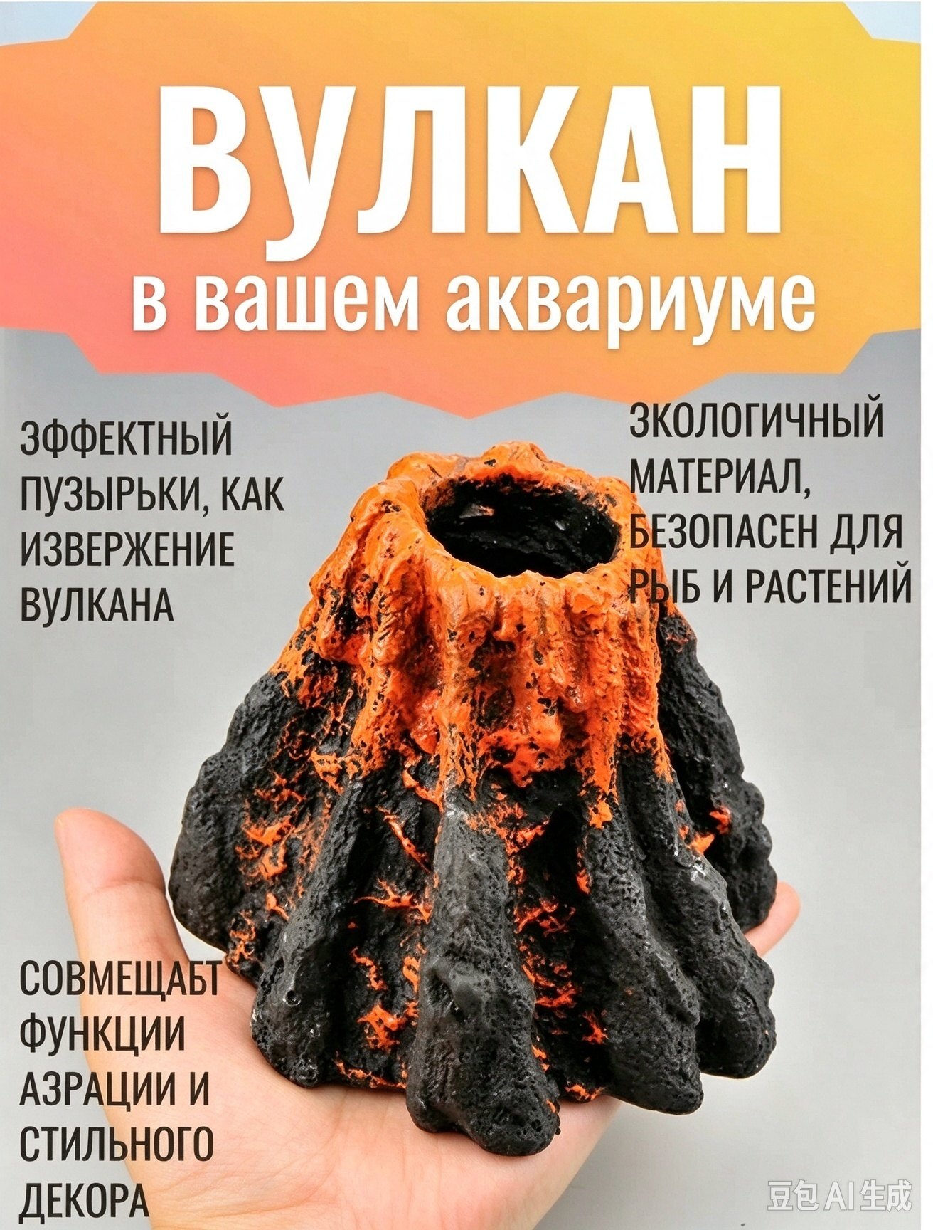 Декор вулкан для аквариума, распылитель пузырьков (экологичная смола, подходит для шланга 5 мм)