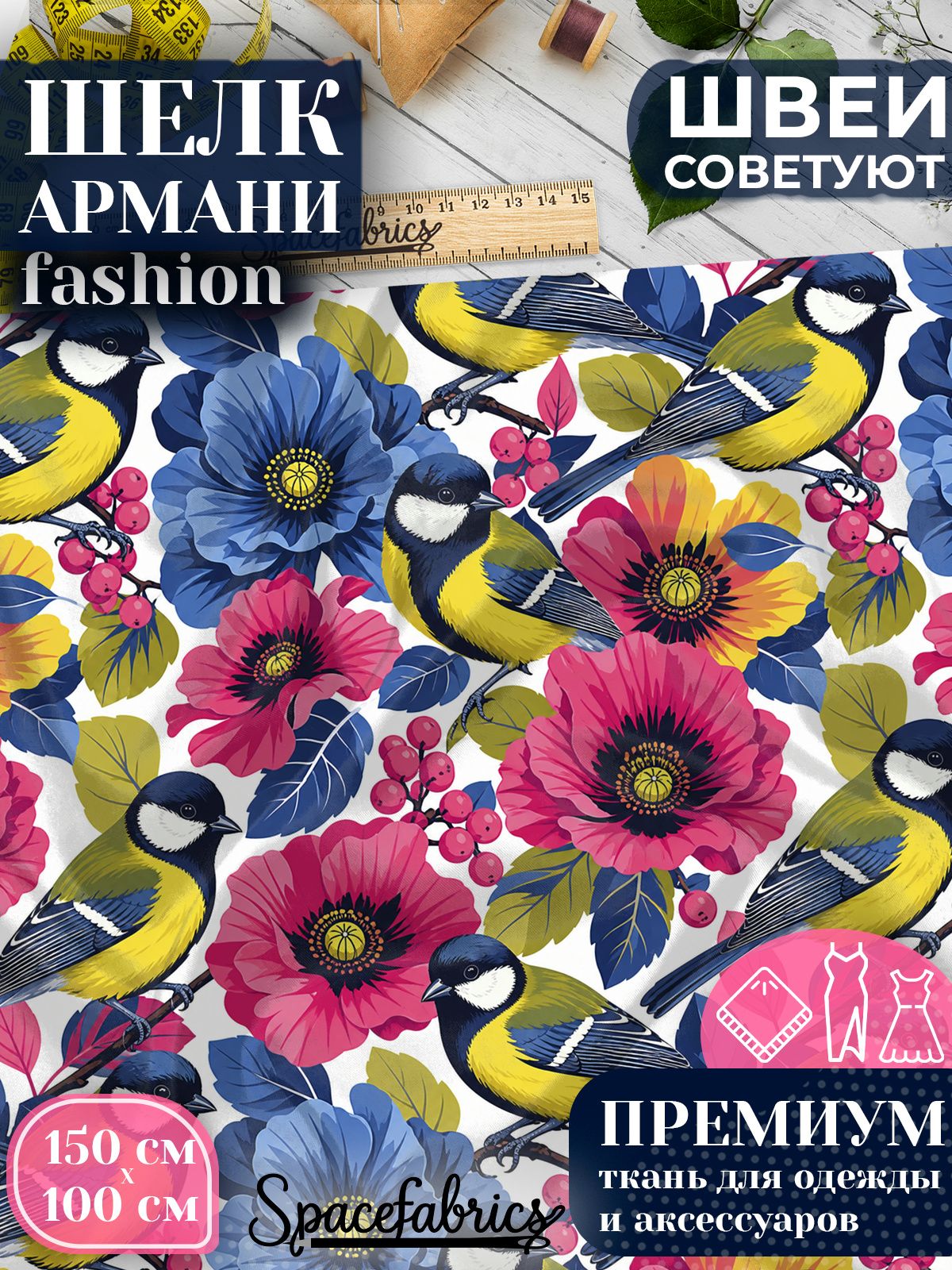 Ткань для шитья шелк Армани, искусственный шелк для костюмов, платьев, юбок с принтом Синицы