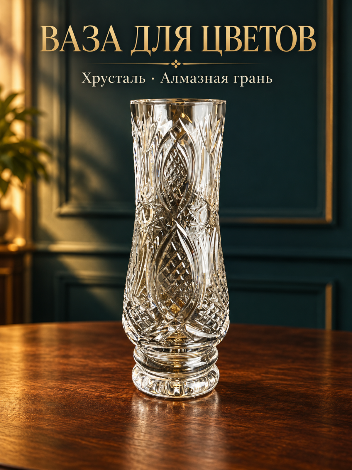 Ваза для цветов хрустальная с алмазной гранью, геометрический орнамент, 27 см, винтаж СССР 1970-1990 гг