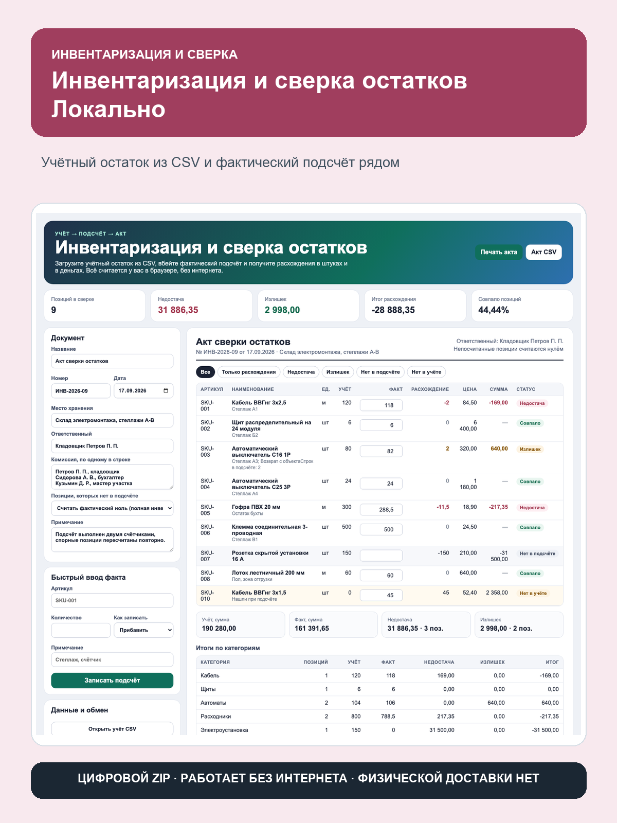 Инвентаризация и сверка остатков Локально: офлайн-программа в браузере, ZIP-архив, работает без интернета
