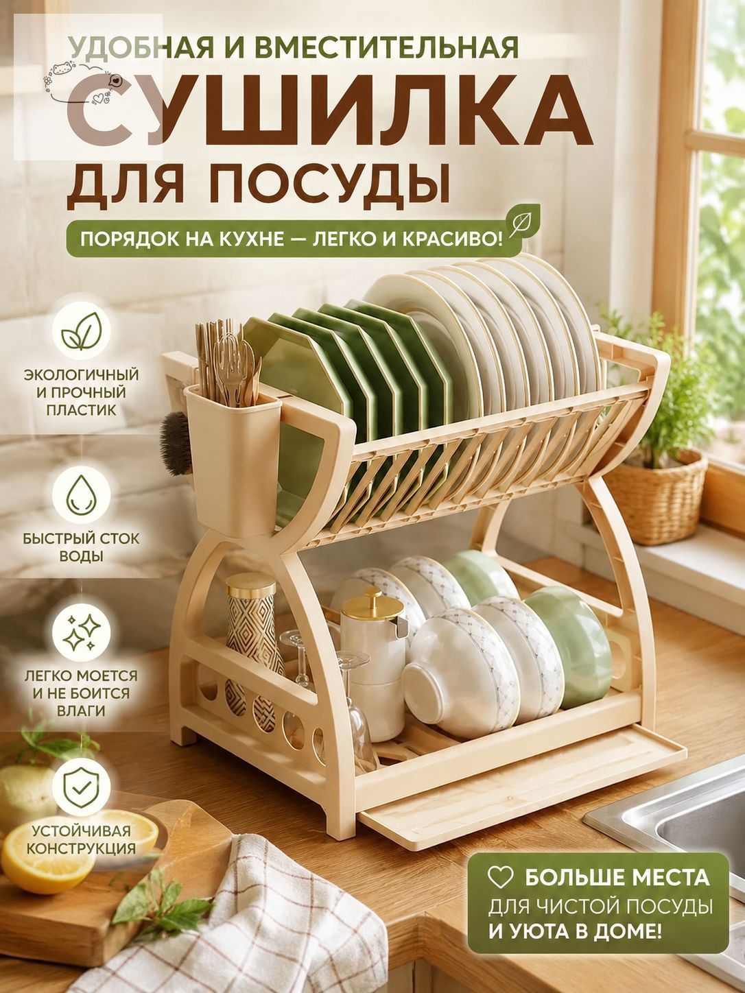 Сушилка для посуды 31 см x 24 см х 33 см 1 шт abs пластик бежевый