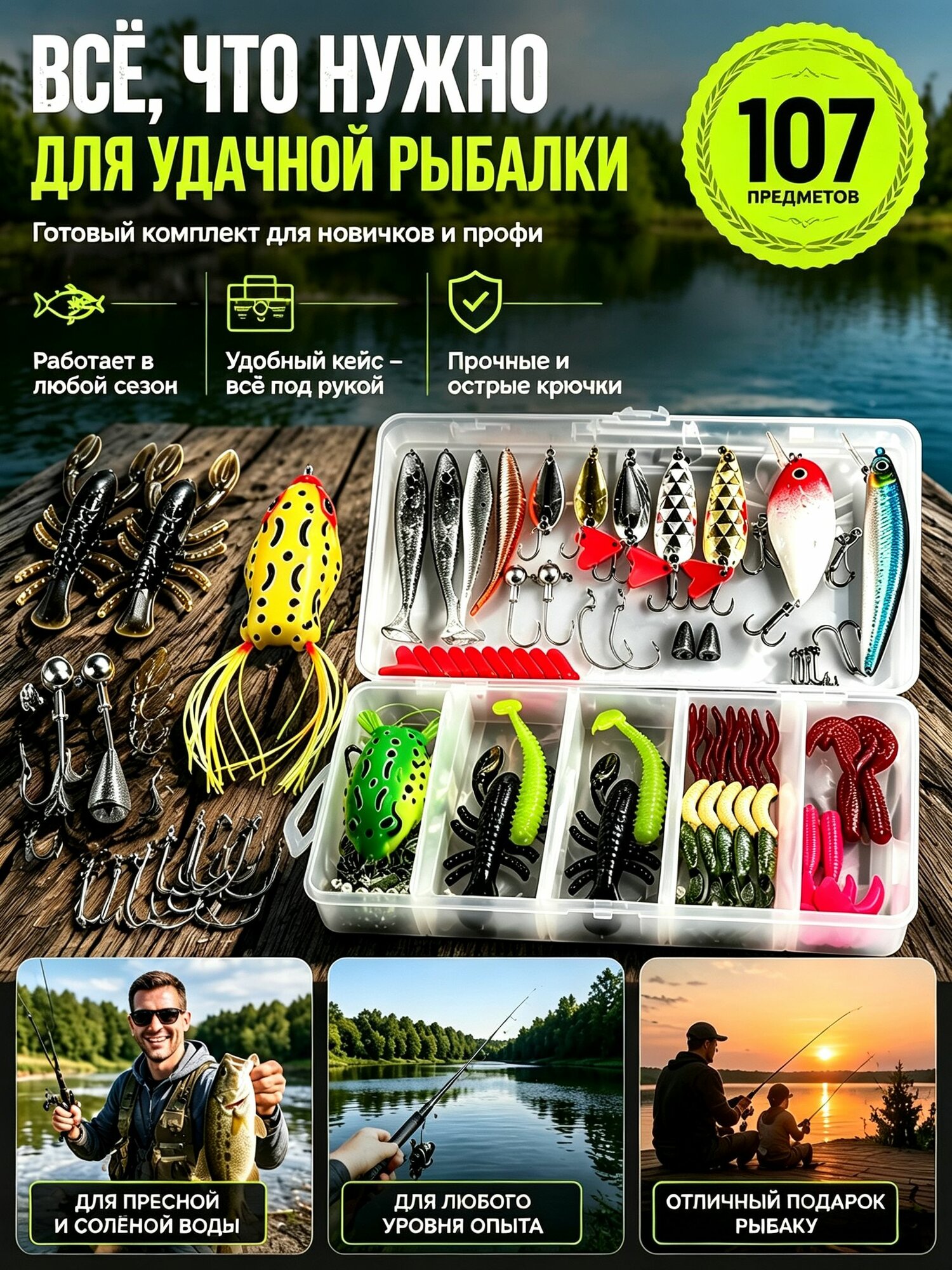 Набор рыболовных приманок 107 шт, силиконовые приманки, воблеры и крючки, для рыбалки во всех акваториях