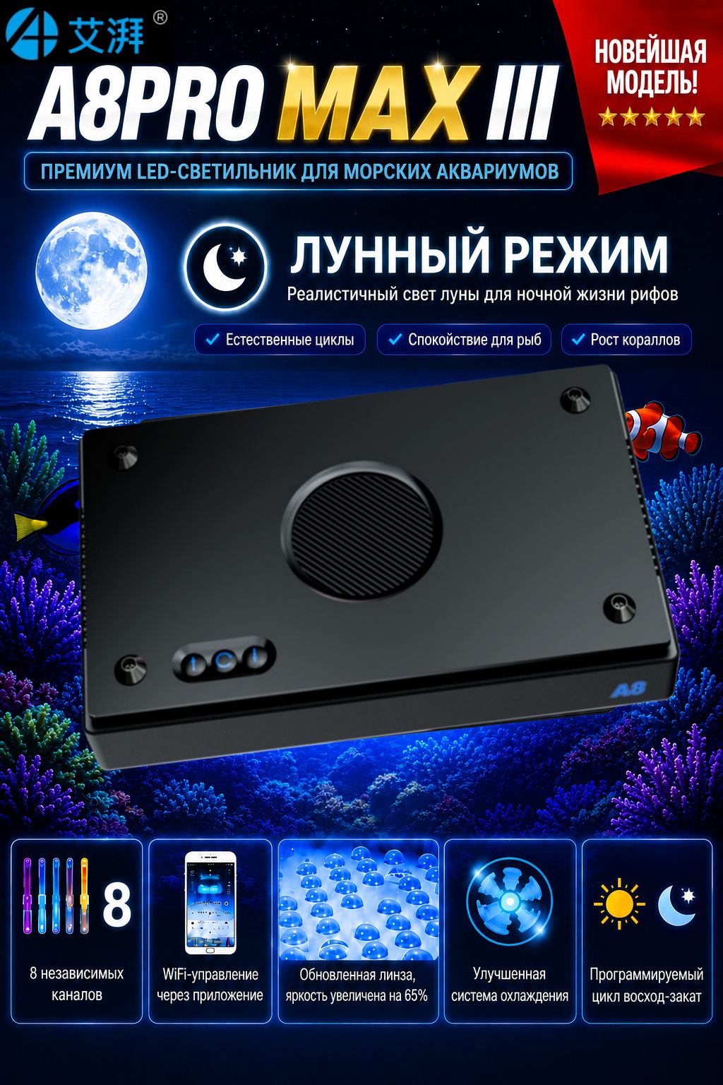 Светодиодные лампы для аквариумных рыбок A8pro max, мощность 215 Вт, полный спектр беспроводного управления, делают коралловые рифы и морских рыб ярче и здоровее.
