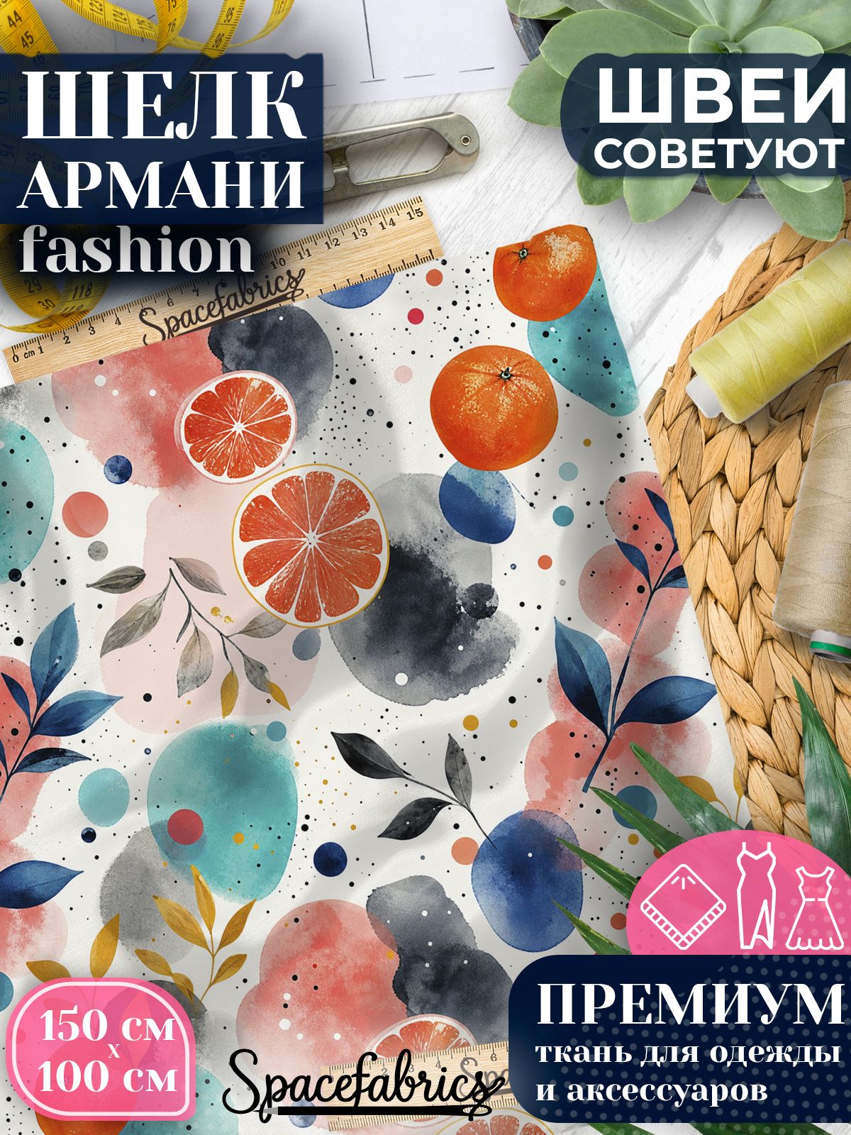 Ткань для шитья шелк Армани, искусственный шелк для костюмов, платьев, юбок с принтом Апельсины и графика
