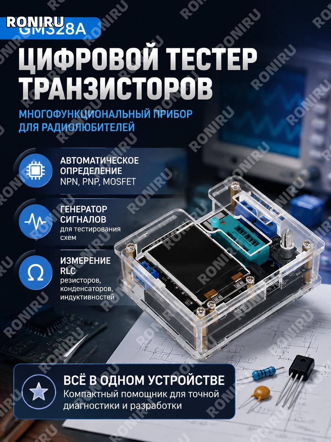 Тестер транзисторов GM328A многофункциональный с определением NPN PNP MOSFET, генератор сигналов и измеритель RLC