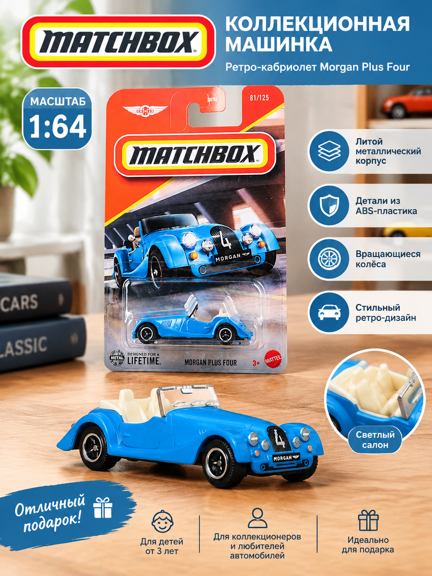 Ретро-кабриолет в масштабе 1:64: коллекционная машинка из металла и пластика, голубой кузов