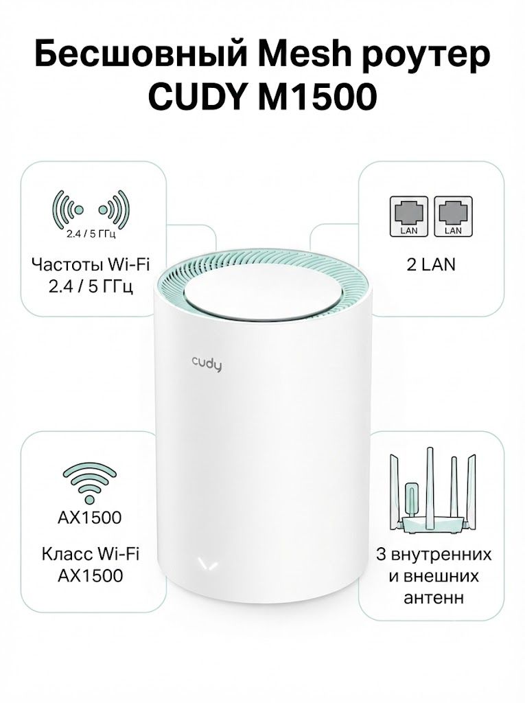 Wi-Fi роутер Cudy бесшовный Mesh M1500 (1-pack) Wi-Fi 6, AX1500, 2.4/5ГГц, 2 LAN, белый