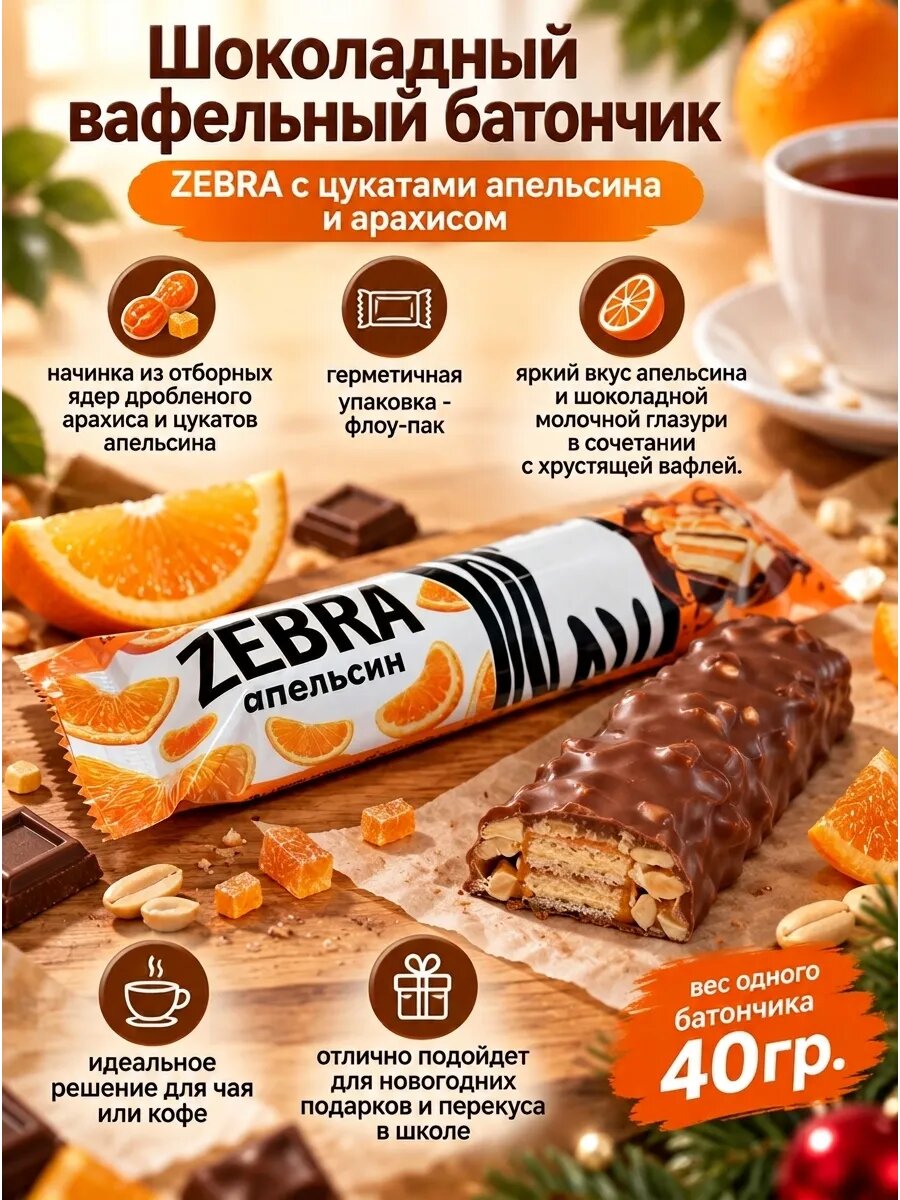 Шоколадный вафельный батончик"Zebra" с апельсином,2х40гр