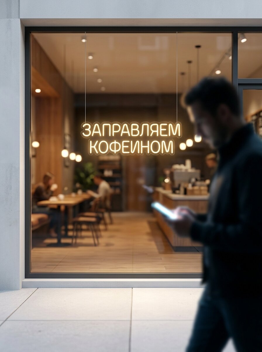 Неоновая вывеска "Заправляем кофеином" 90х28см, неоновая надпись, LED светильник для кофейни