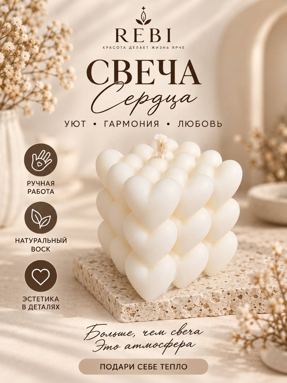 Свеча декоративная REBI Сердца, натуральный воск, ручная работа, 6 см, 105 г