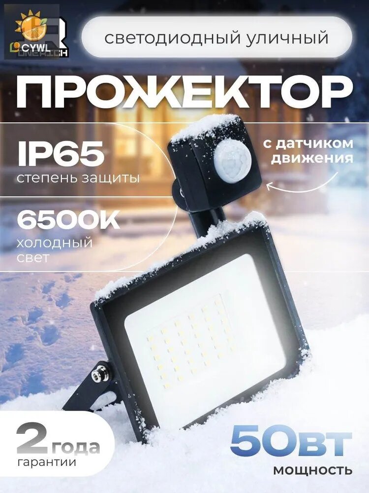 Прожектор светодиодный уличный с датчиком движения 50Вт led 220в влагозащищенный холодный свет
