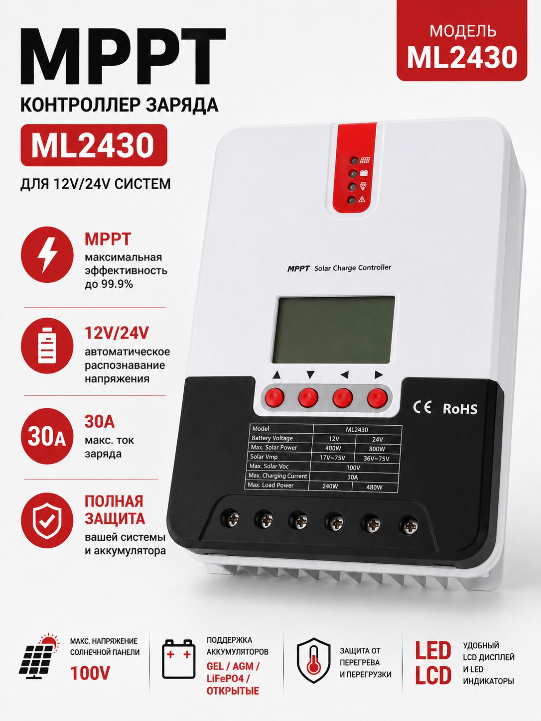 MPPT контроллер заряда 30A, 12В/24В авто, PV до 100В, LCD дисплей, для AGM GEL LiFePO4 аккумуляторов