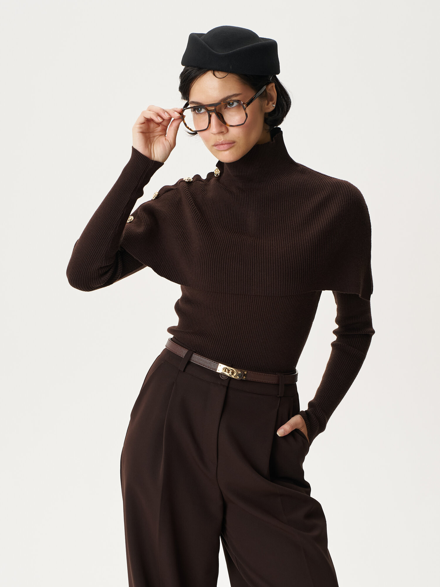 Лонгслив DOUX SAINT женский с длинным рукавом и кейпом джемпер, размер 42-44, , коричневый — фото 1