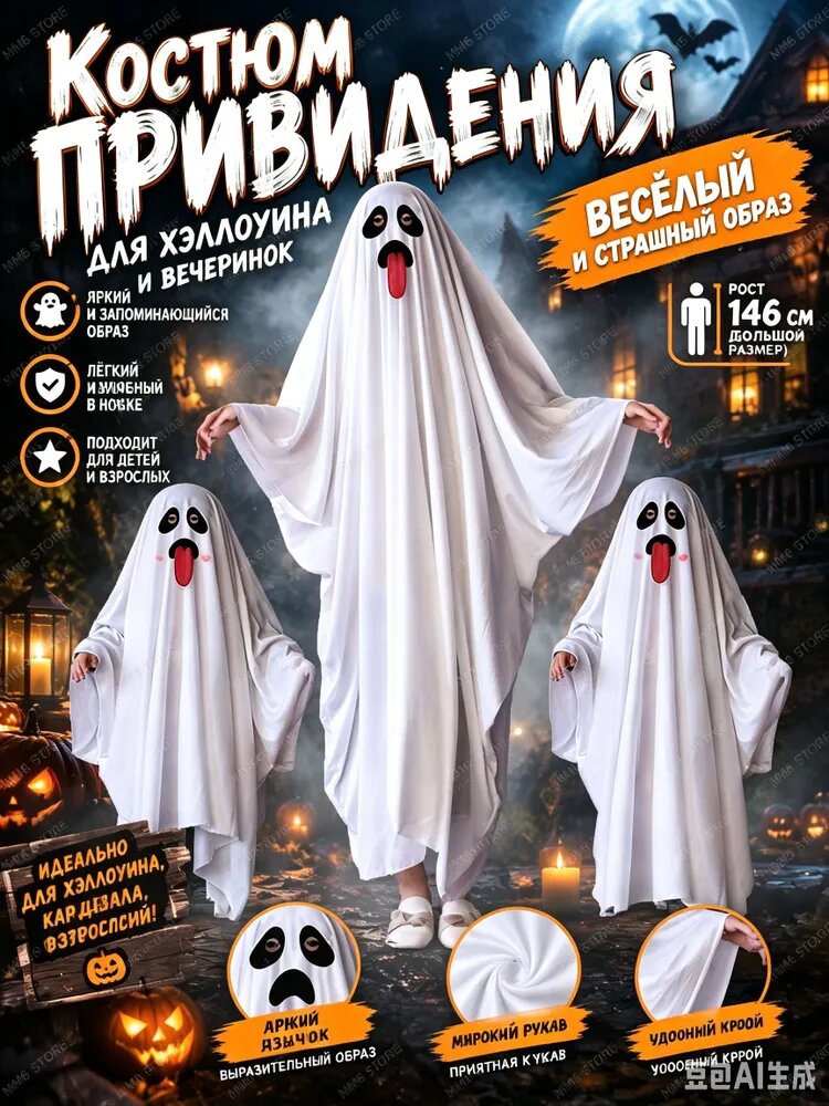 Костюм призрака на Хэллоуин, карнавальный костюм привидения для детей и взрослых, легкий наряд для вечеринки и косплея