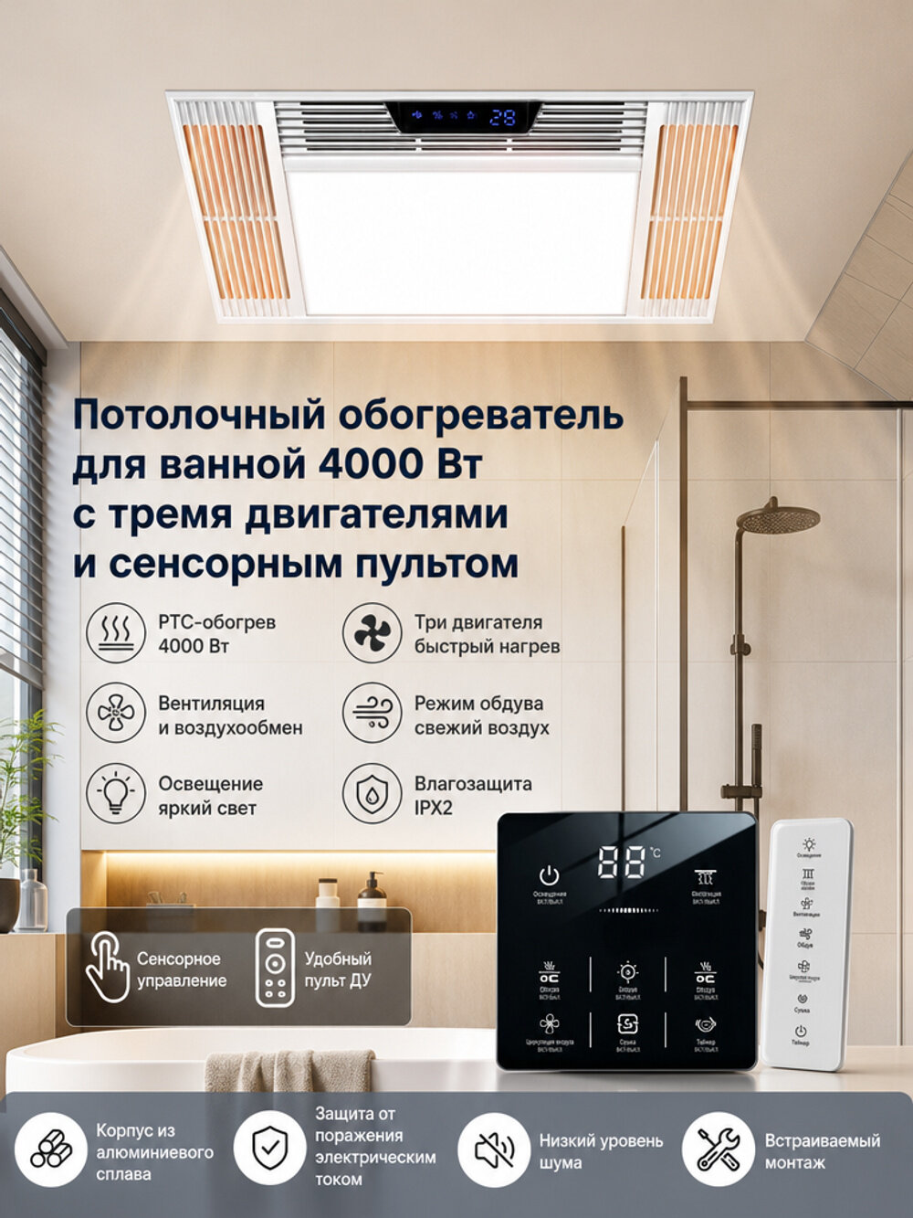 Встраиваемый потолочный обогреватель для ванной 4000 Вт с тремя двигателями и сенсорным пультом
