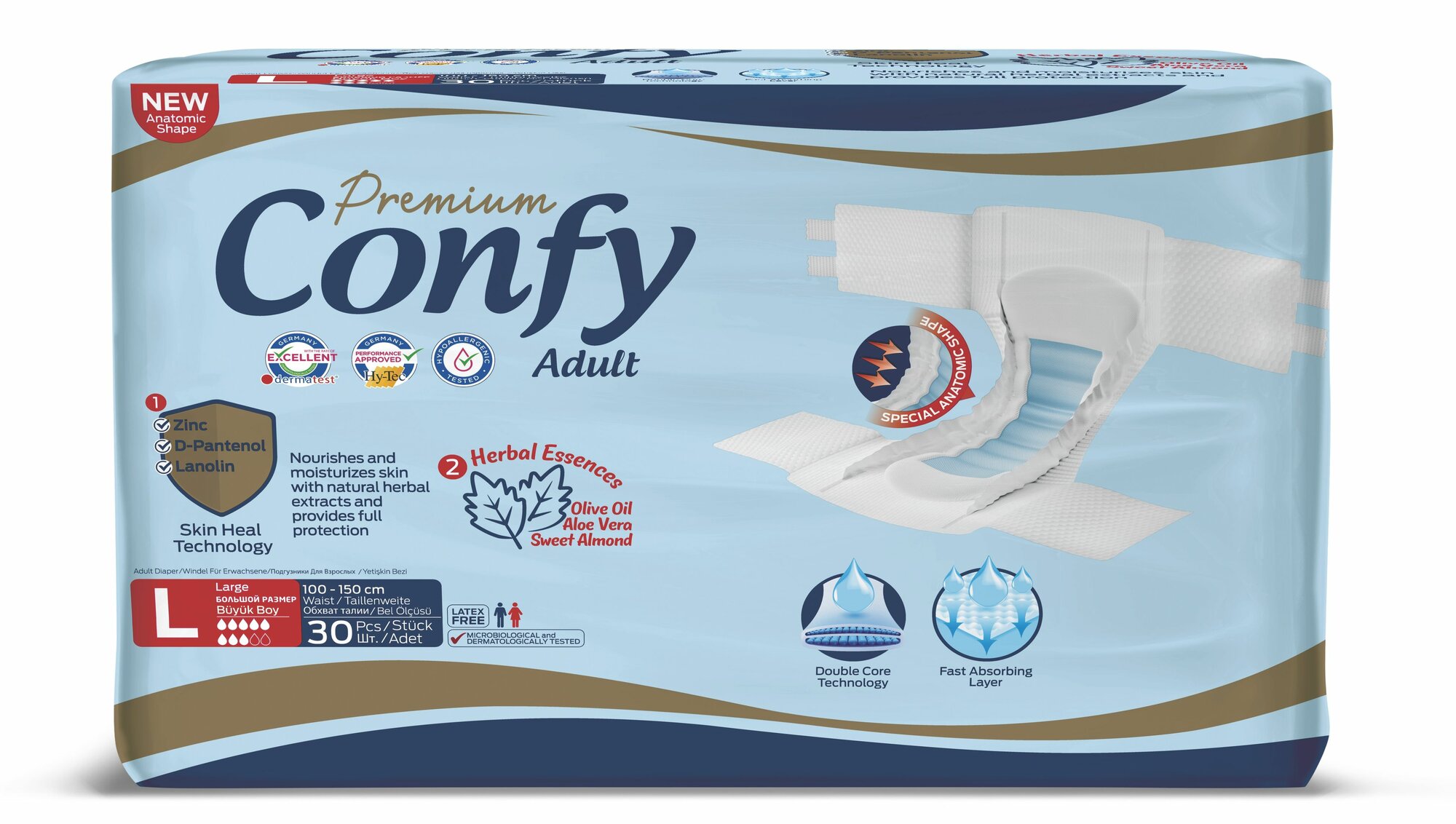 Подгузники для взрослых Confy Premium Large, объем талии 100-150 см, 30 шт.