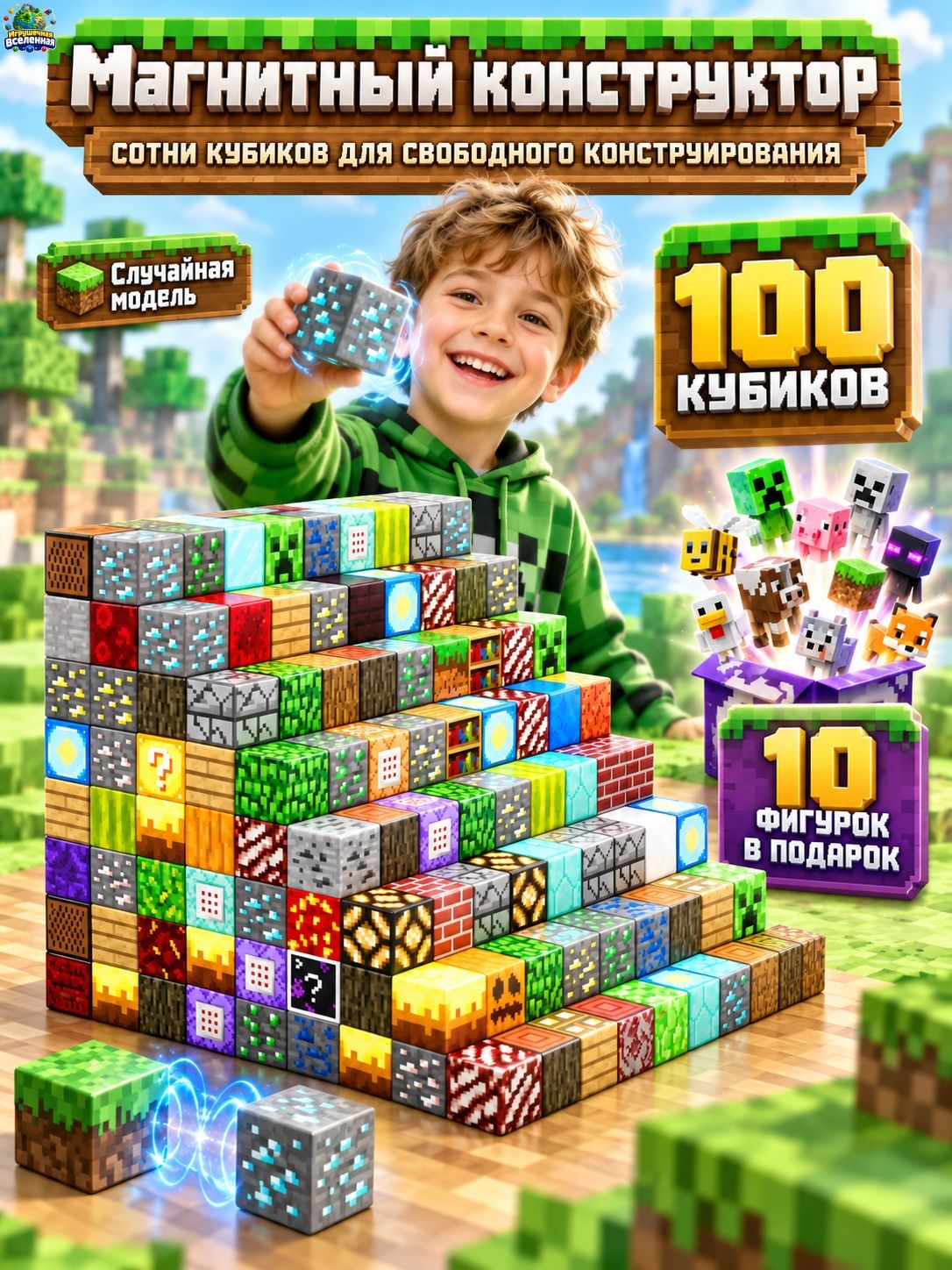 Mагнитный конструктор, Майнкрафт, Minecraft, 100 кубиков, 10 фигурок, сделай сам, в подарочной коробке.