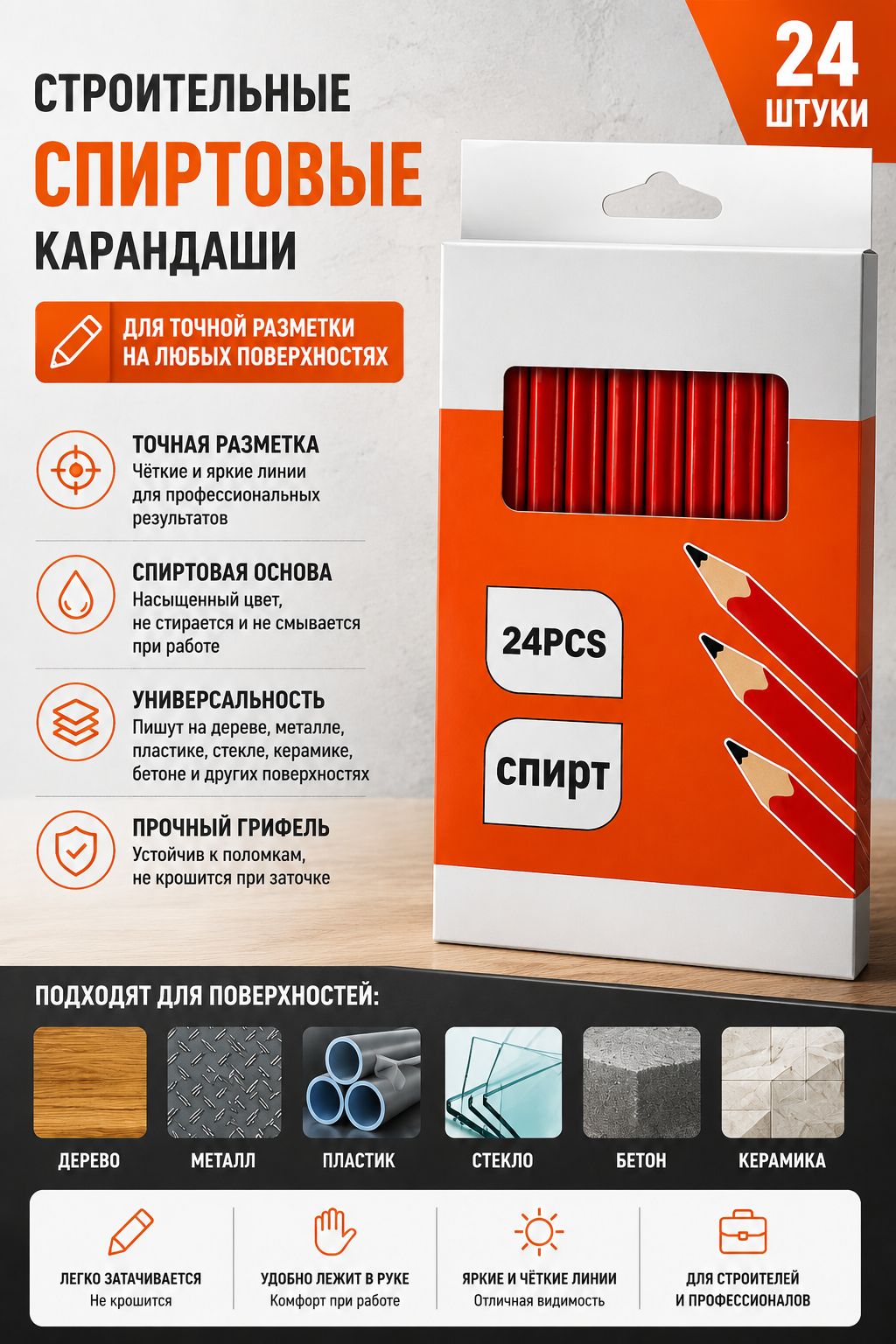 Карандаш малярный строительный 24 штуки со спиртовым грифелем
