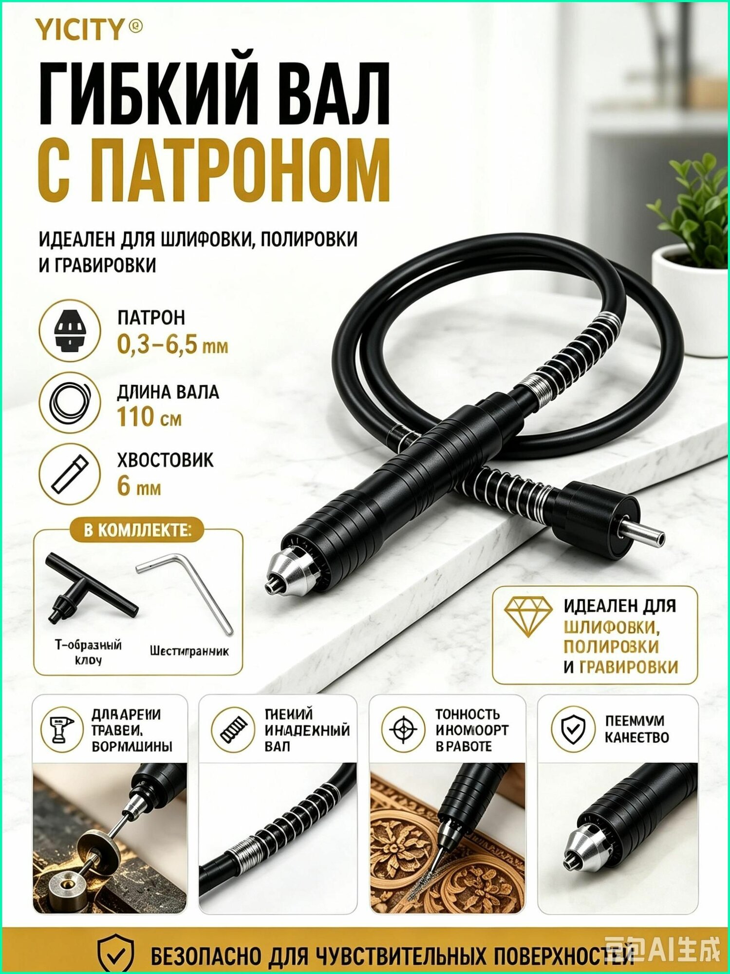 Гибкий вал для гравера с ключевым патроном, 110 см, диапазон зажима 0.3 - 6.5 мм, для дрели и шуруповерта