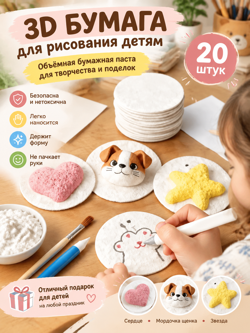 3D бумага для рисования детям, набор 20 шт: объёмная бумажная паста для творчества и поделок