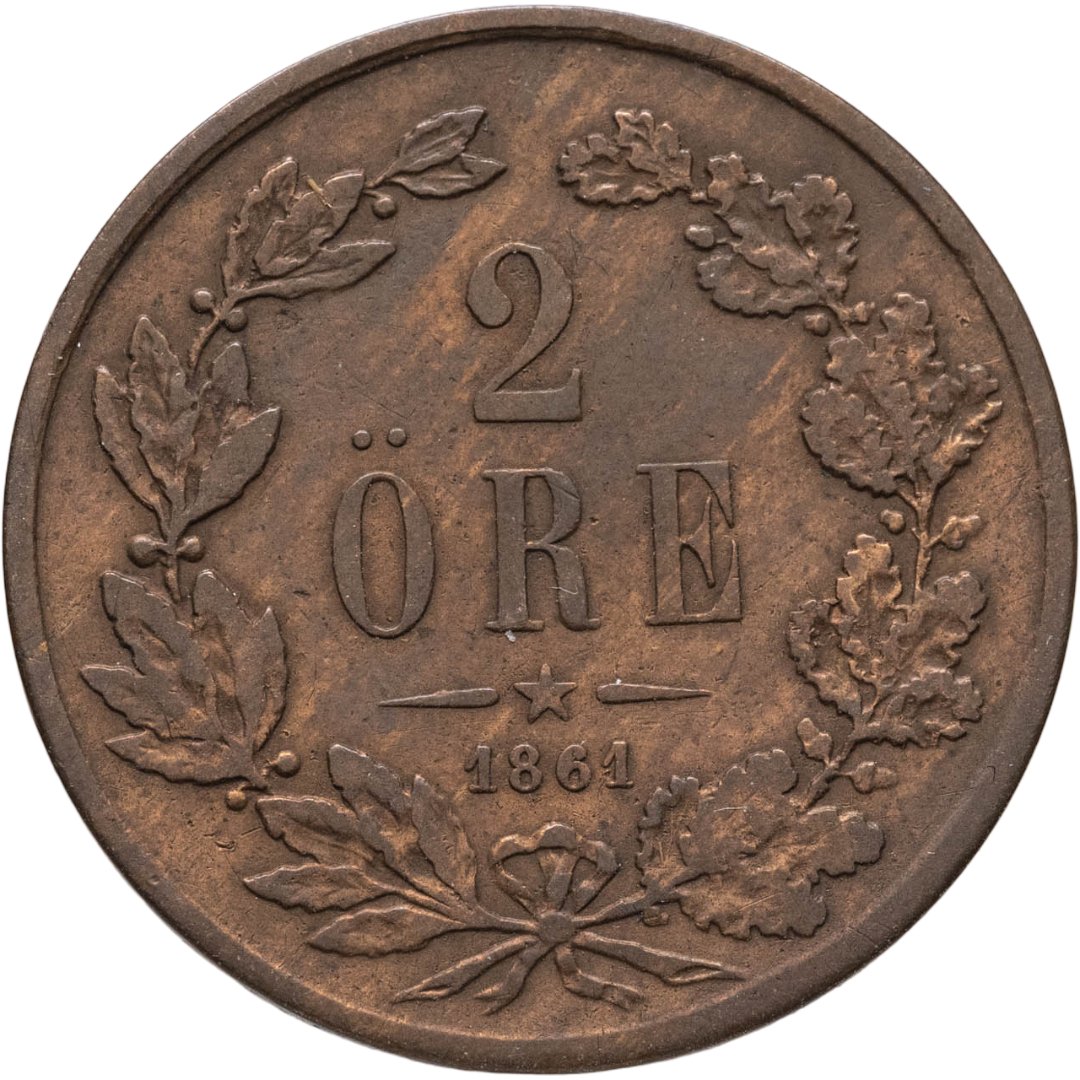 Швеция 2 эре 1861, Бронза, в сохранности VF