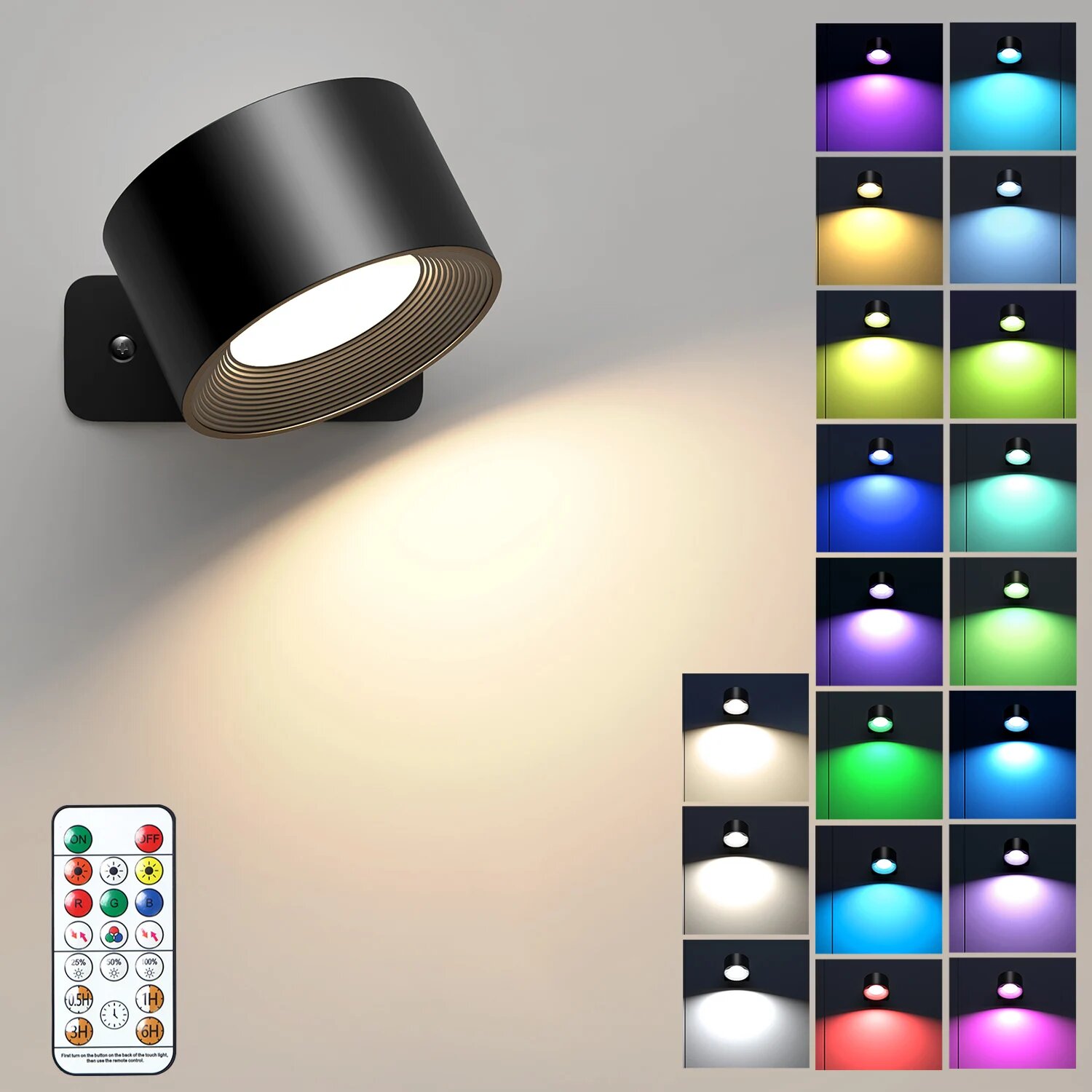 RGB-светильник Для Стены С Пультом Дистанционного Управления, 19 Цветов, 360° ° Поворотный Светильник С Аккумулятором 2000 мАч