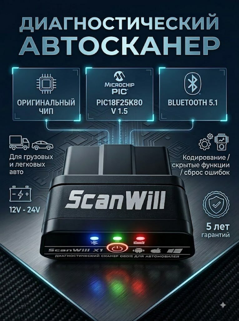 Автосканер SW-X1 для диагностики двигателя, АКПП и электрооборудования, OBD2, 24 В, черный