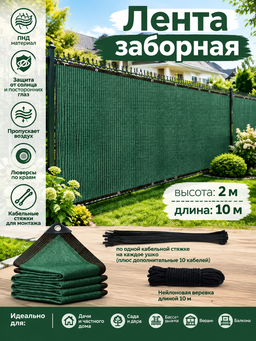 Лента заборная 2x10 м темно-зеленая из ПНД для забора, сада, балкона, с люверсами и стяжками