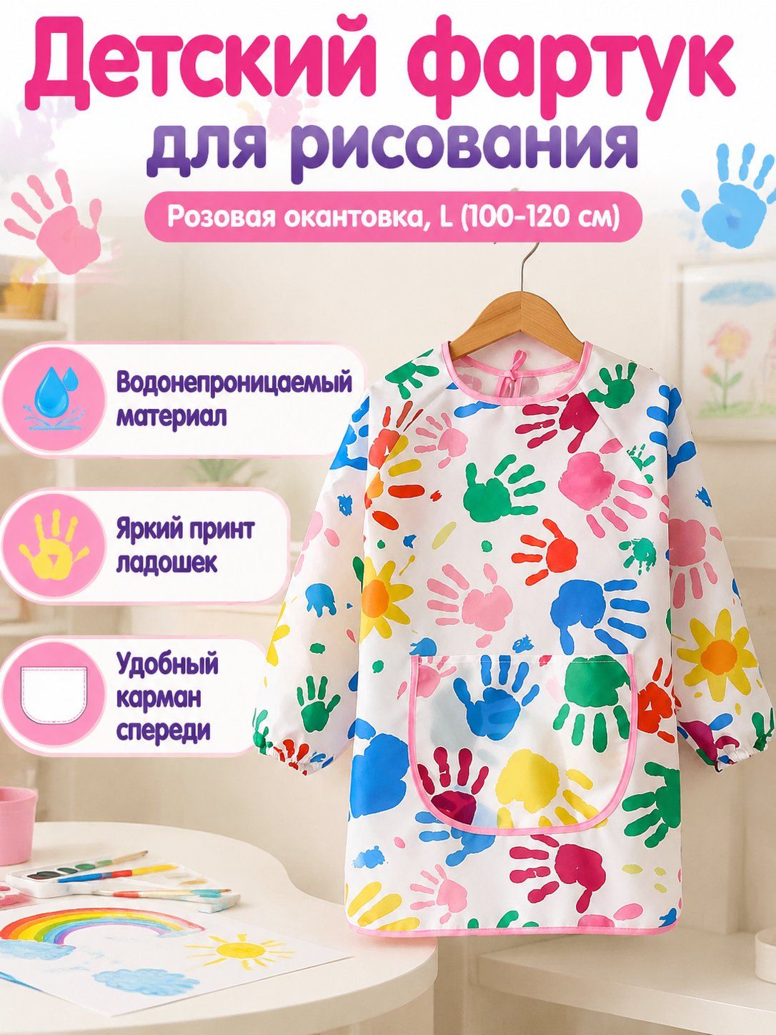 Детский водонепроницаемый фартук для рисования с длинными рукавами, размер XL (120 140 см), принт ладошек