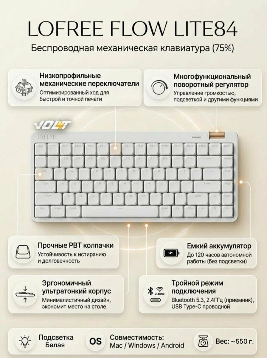 Клавиатура низкопрофильная беспроводная Lofree Flow Lite84 white