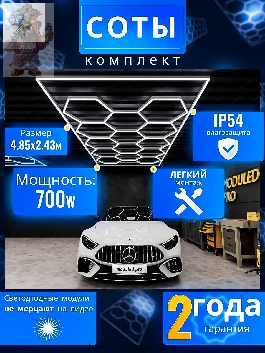 Светодиодное освещение для гаража/автосервиса LED Workshop, панель соты 6400К/680W размер 4,845x2,435 м