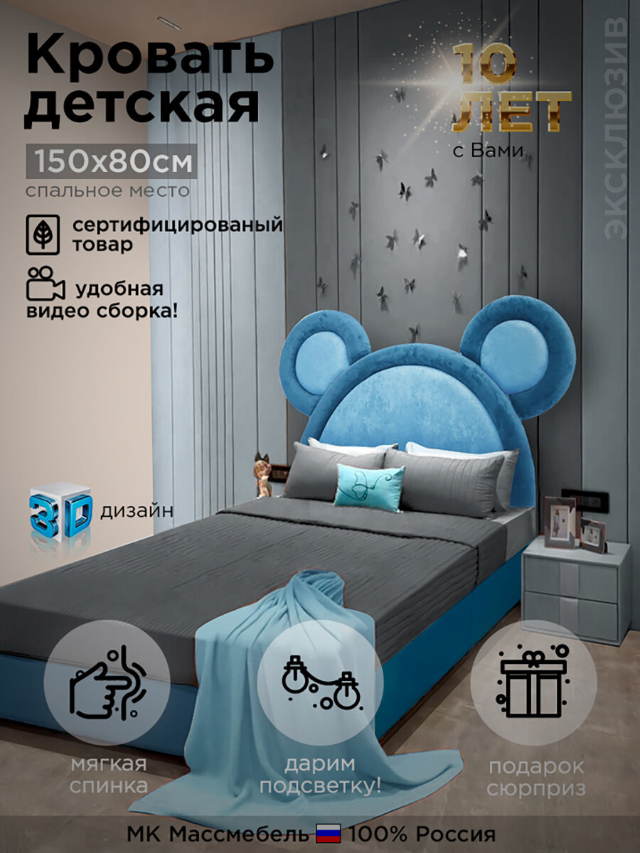 Кровать детская с мягкой спинкой Мишка 160/90/60 Синяя