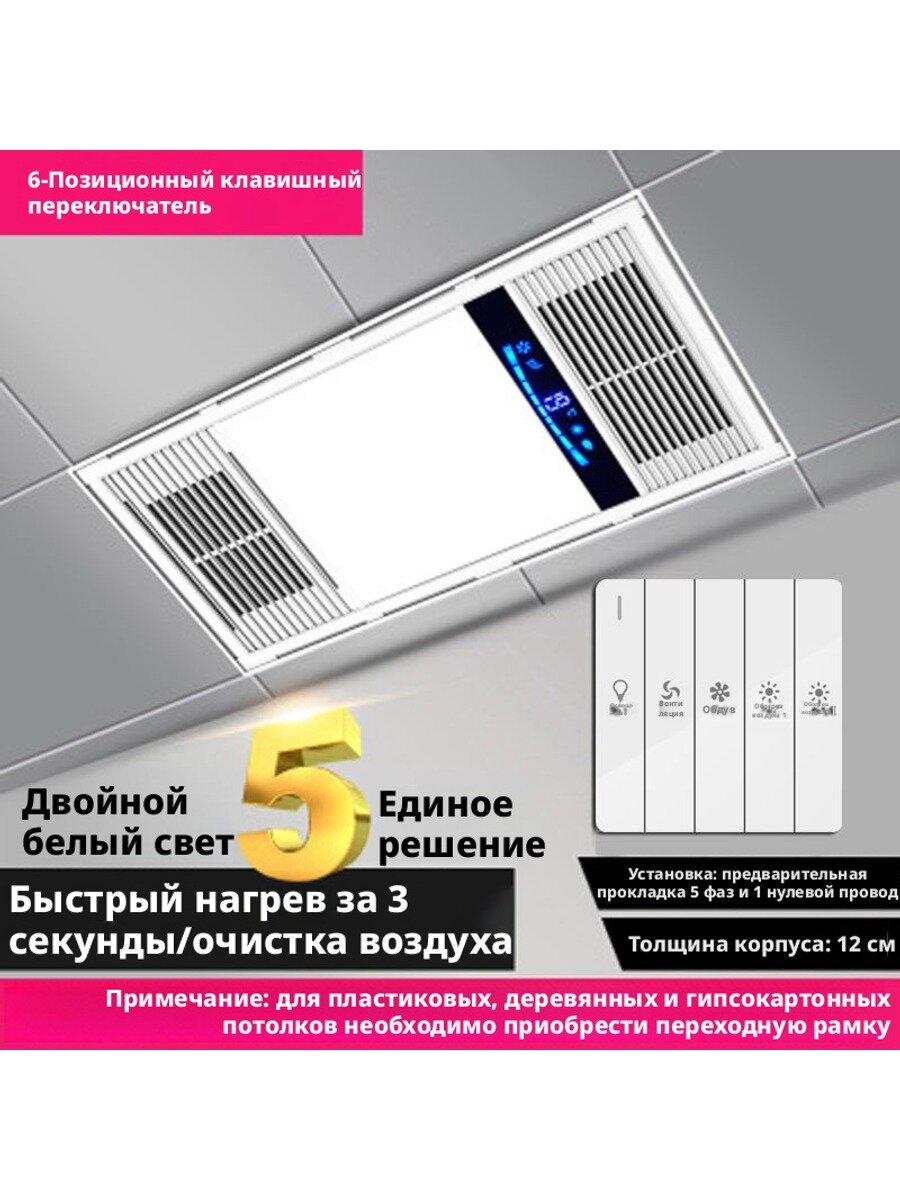Тепловентилятор для ванной с подсветкой и вентиляцией, 2450 Вт, PTC-нагрев, IPX2