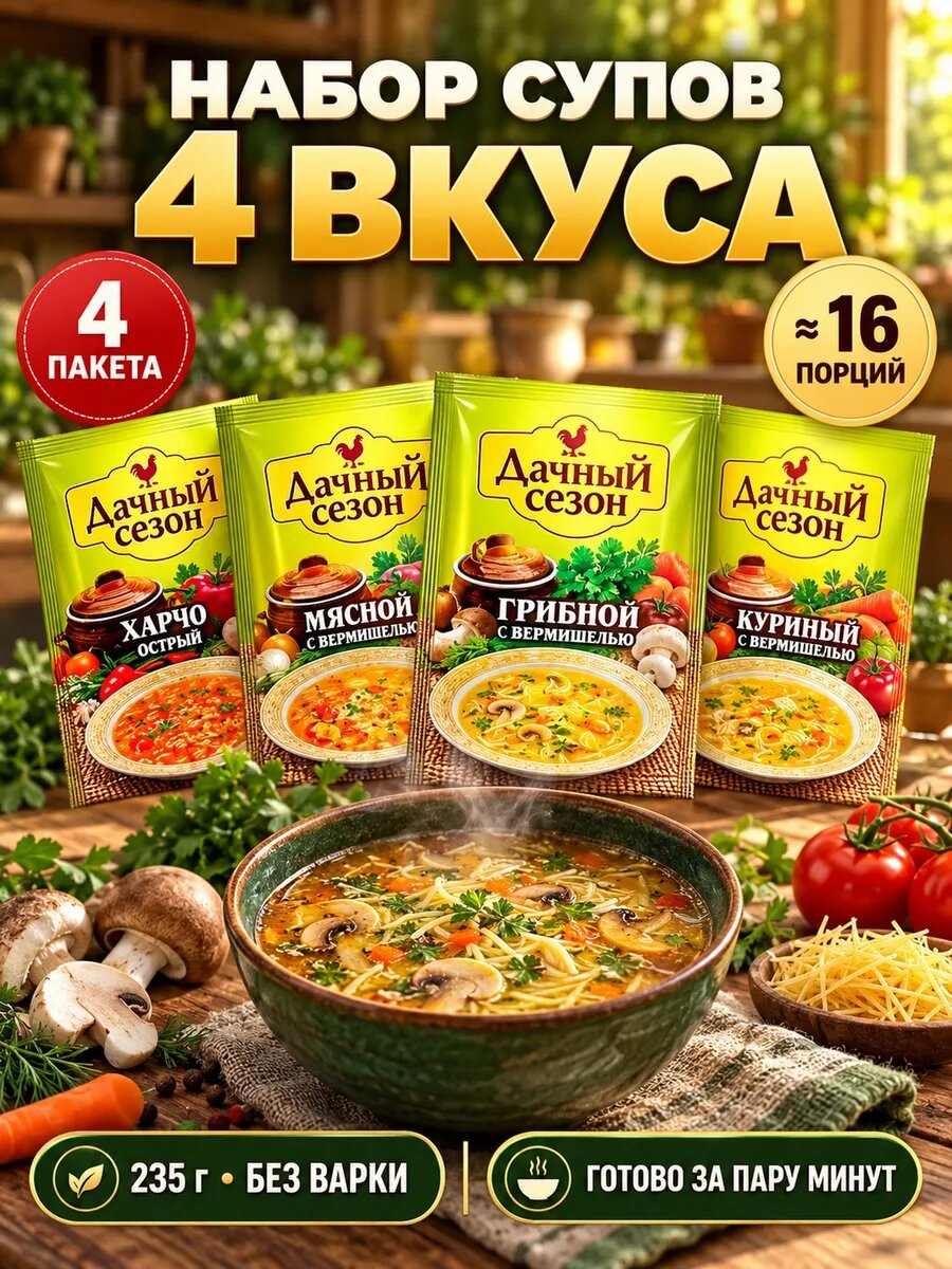 Набор супов 4 вкуса харчо мясной грибной куриный 235г — супы быстрого приготовления
