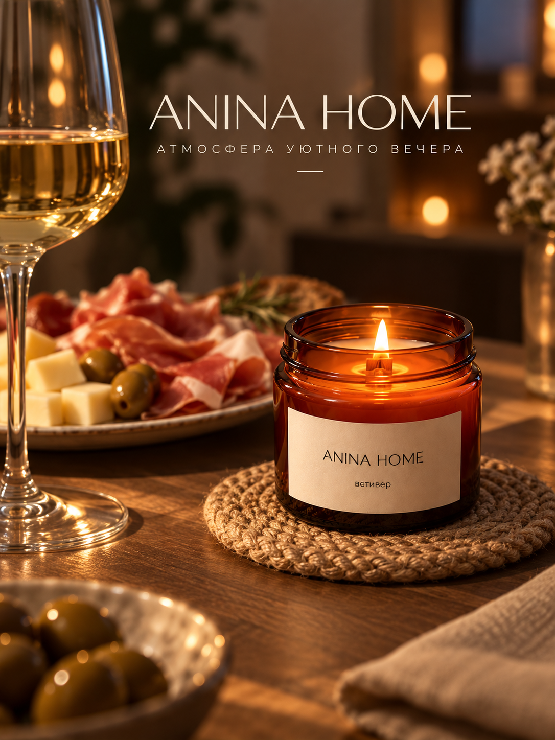 Ароматическая свеча "ANINA HOME", Ветивер, тихая роскошь, соевый воск, 100мл