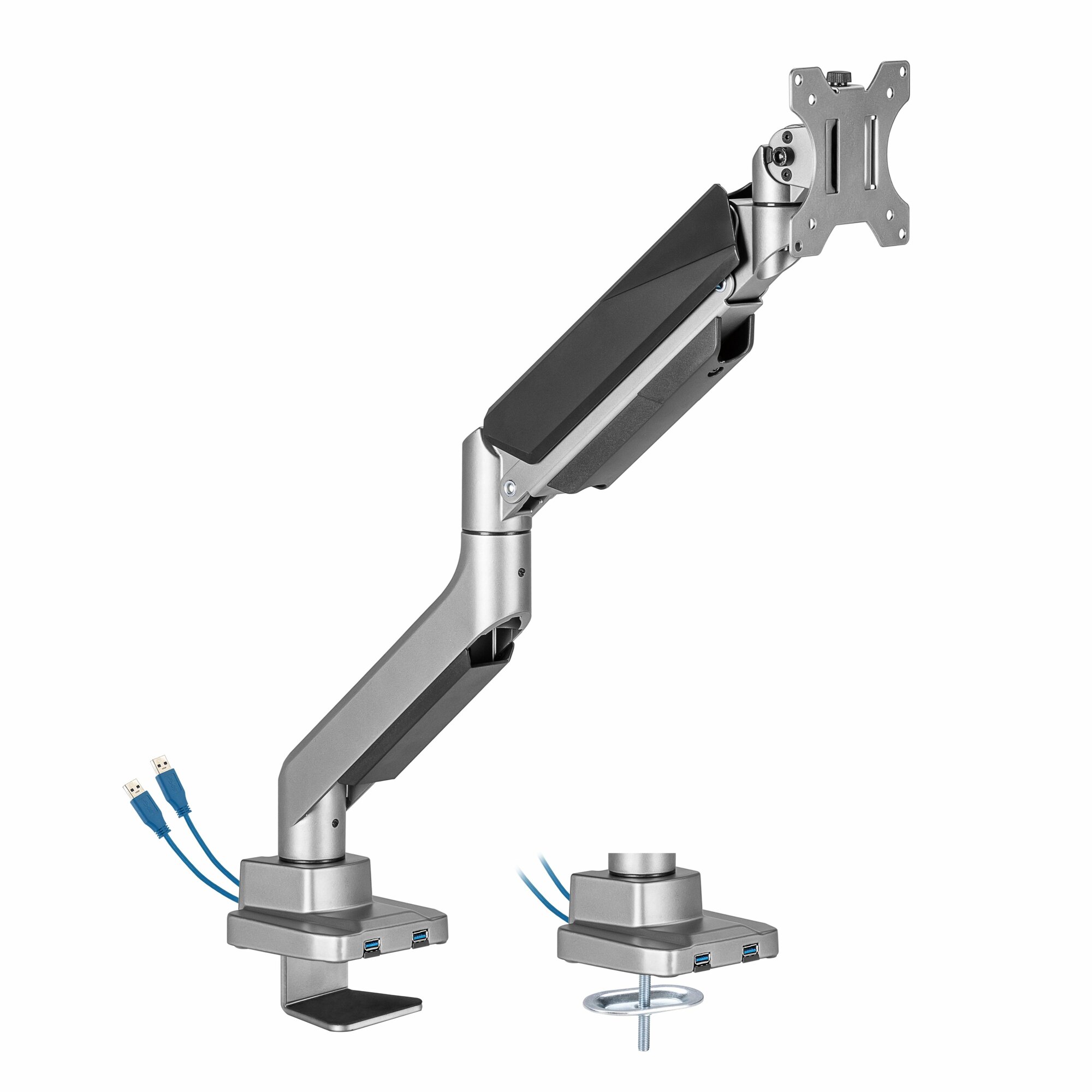 Кронштейн для монитора настольный ErgosmartBy Heavy-Duty U с USB - держатель наклонно-поворотный для монитора с диагональю 17-49 дюйма, до 18 кг, серебристый